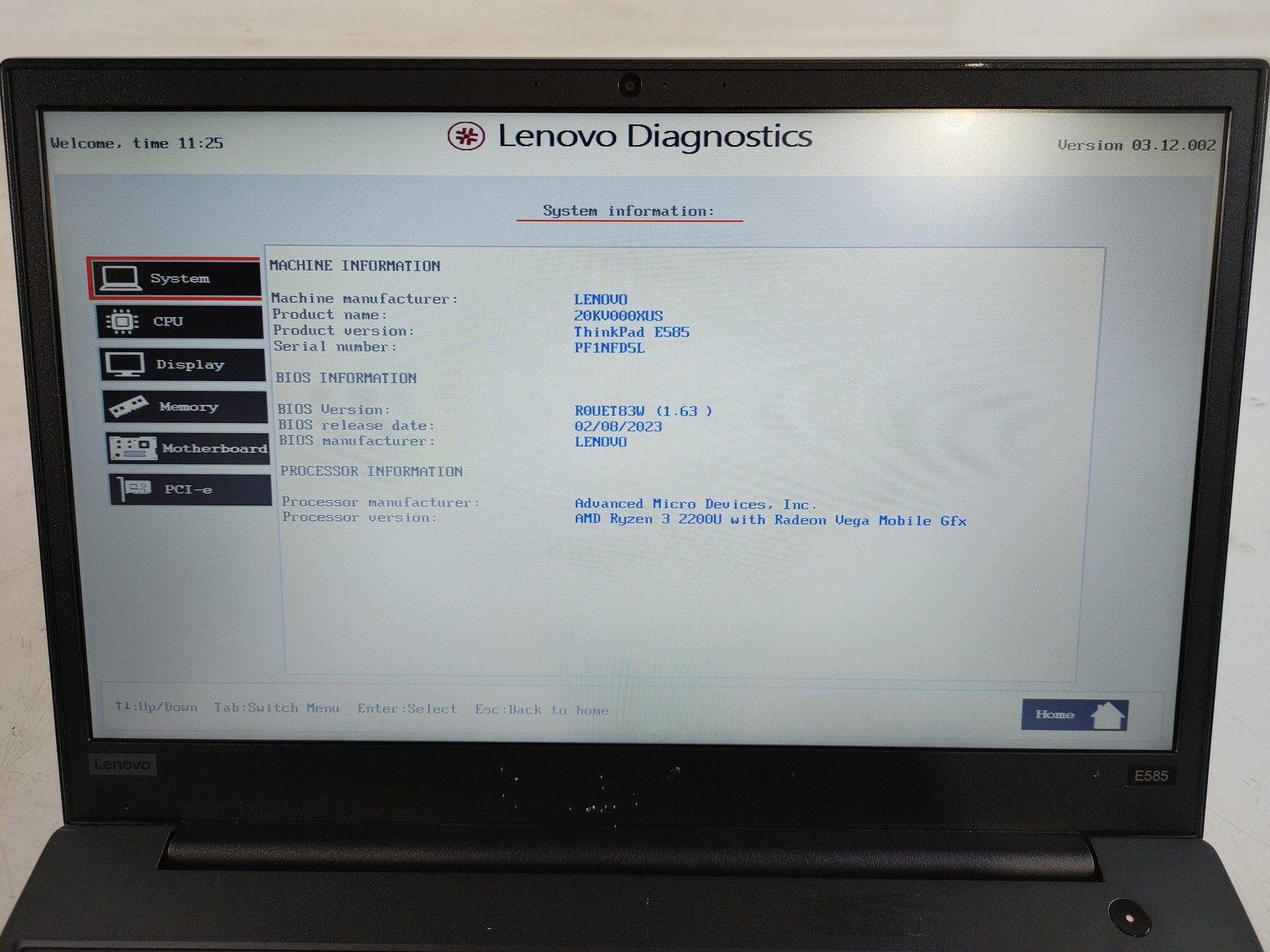 Lenovo ThinkPad E585 Ryzen 3 2200U 2.40 GHz 8 GB DDR4 No HDD