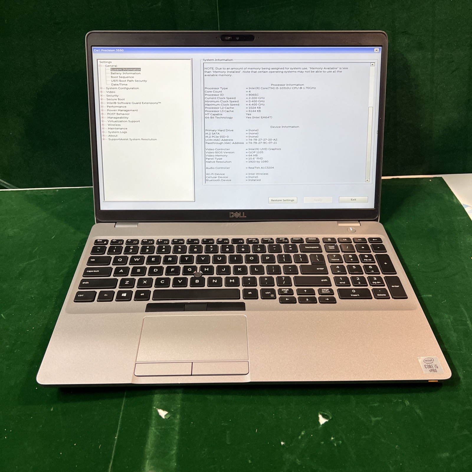 Dell PRECISION 3550 i5-10310U 8GB 1.70GHZ LAPTOP NO OS/AC/HDD BIOS