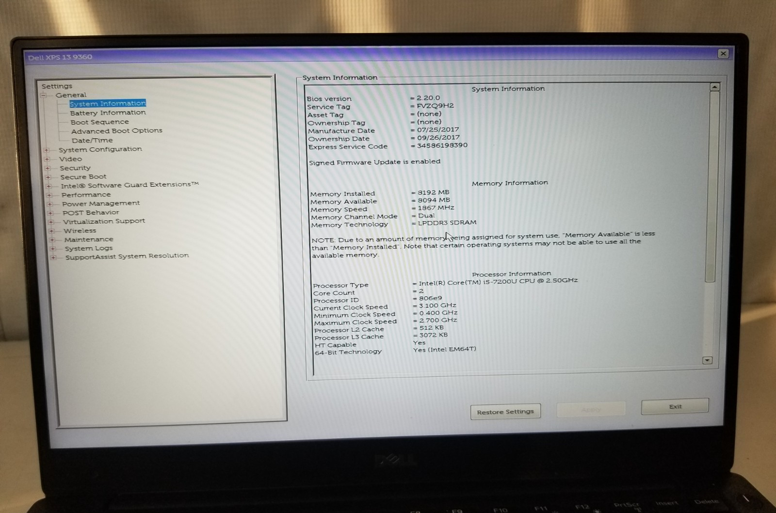 Dell XPS 13 9360 Intel Core i5-7200U @2.50GHz 8GB RAM 256GB SSD W11P *PARTS