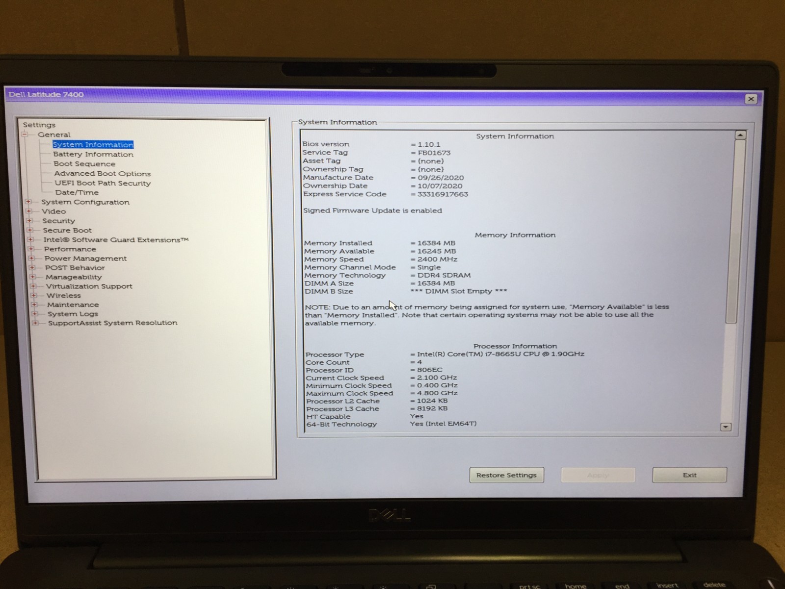 Dell Latitude 7400 14″ FHD Laptop Core i7-8665U 1x16GB RAM No SSD w/AC Adapter
