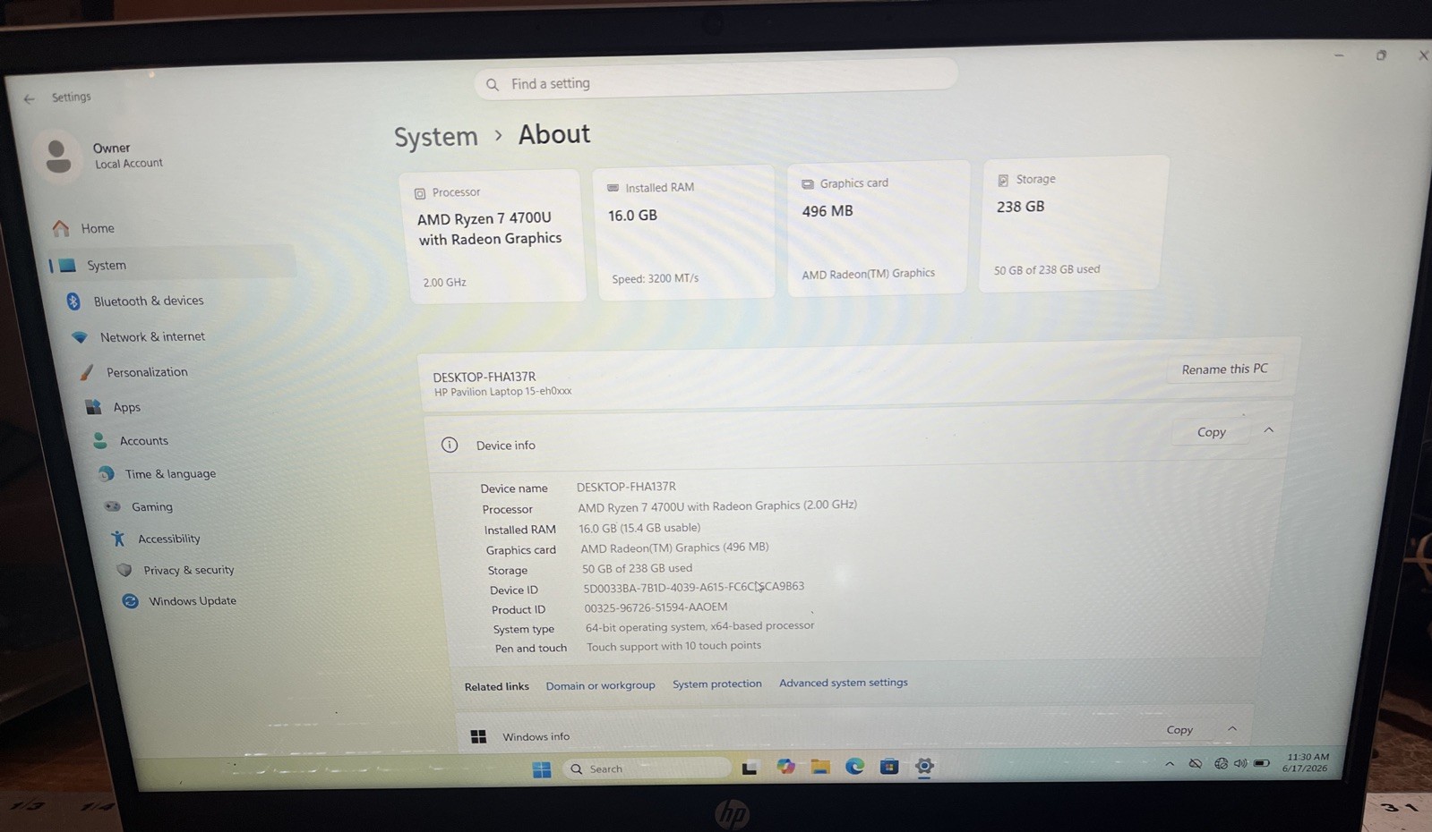 HP Pavilion 15-EH0015CL 15.6″ AMD Ryzen 7 4700U@2.0GHz, 16GB RAM, 256GB M2 *READ