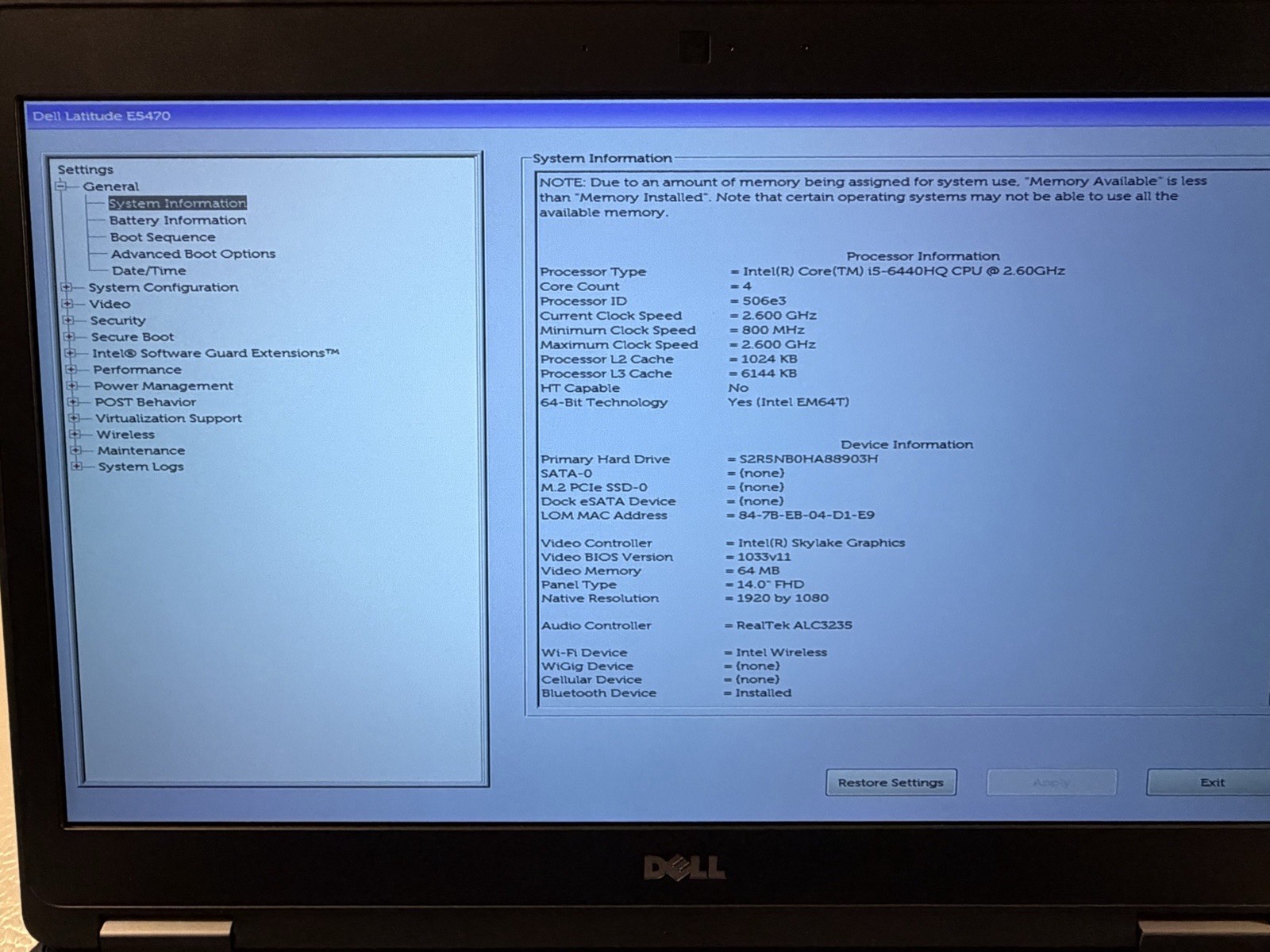 DELL LATITUDE E5470 14” FHD INTEL i5-6440HQ 8GB RAM 250GB SSD WI1P