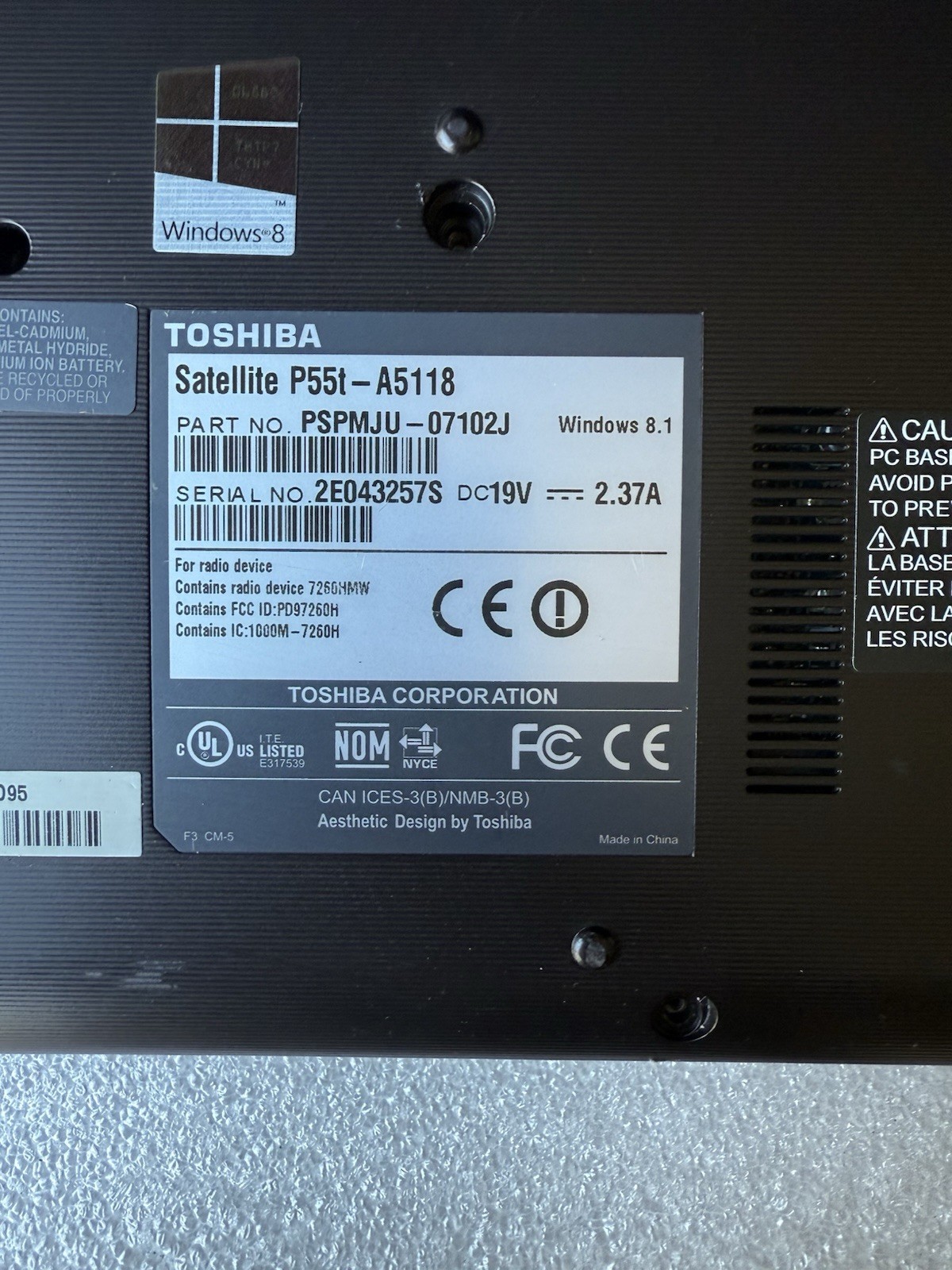 Toshiba Satellite P55T-A5118 Intel Core i7-4500U 1.80 GHz 8 GB RAM NO HDD/OS