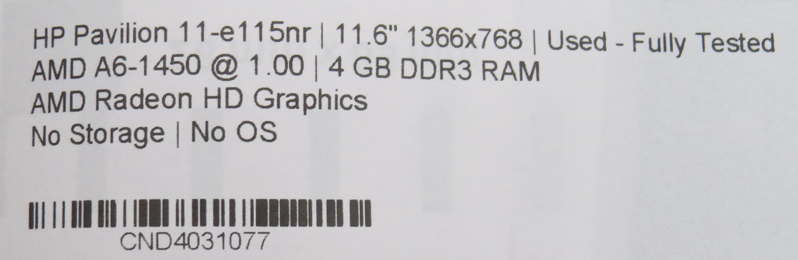 HP Pavillion | AMD A6-1450 @ 1GHz | 4GB DDR3 | 11.6″ | No HD/OS/AC | Parts