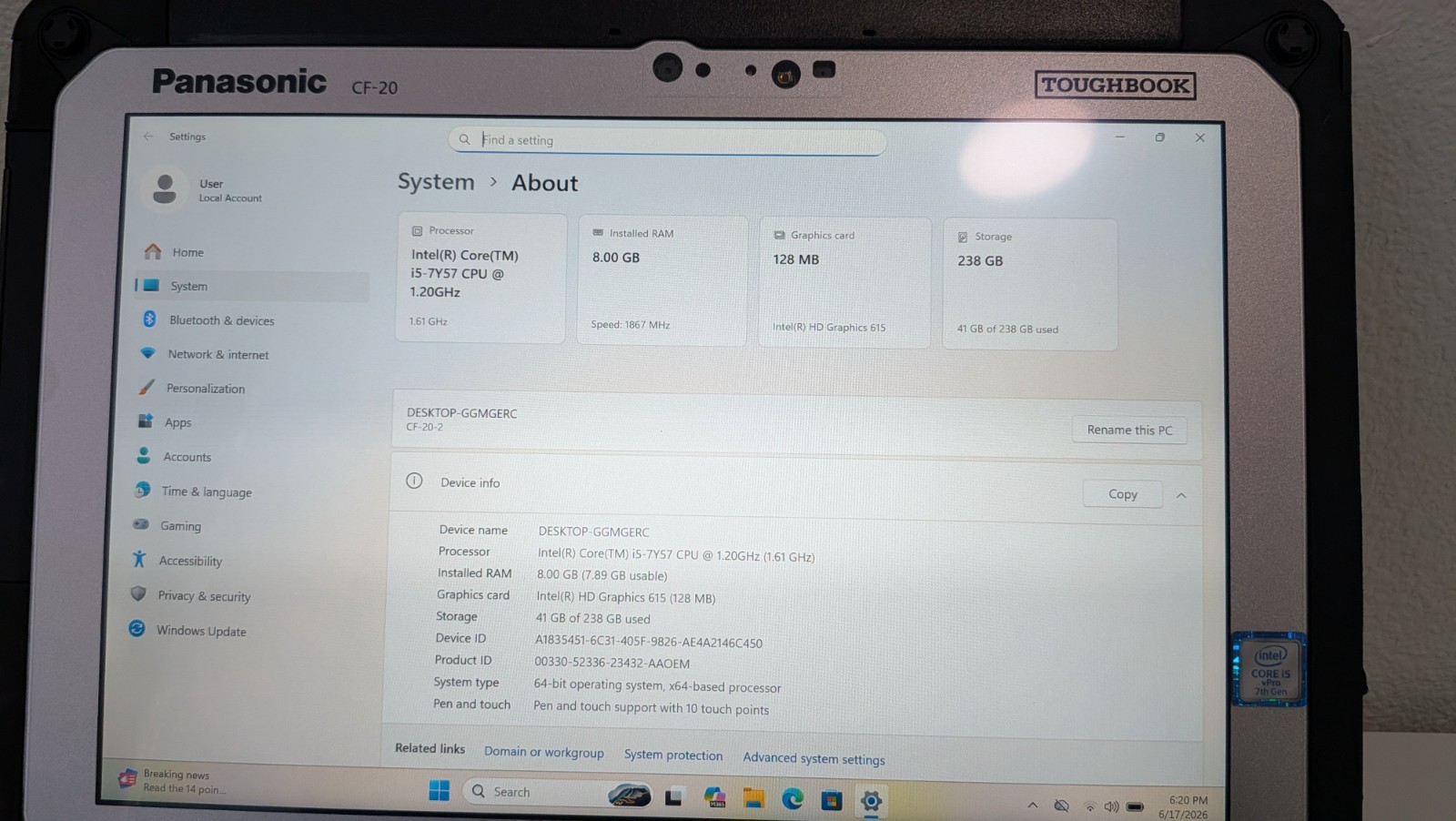 Panasonic Toughbook CF-20 Intel Core i5-7Y57 1.2GHz 8GB RAM 256GB SSD Win11 Pro