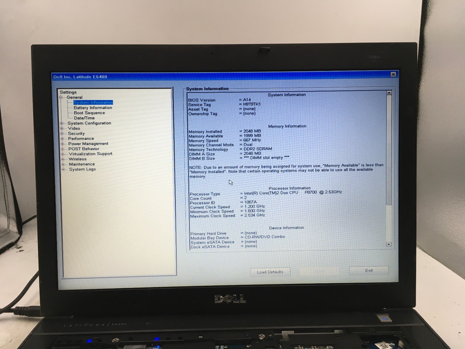 DELL LATITUDE E6400 – BOOTS TO BIOS- INTEL CORE 2 DUO – 2GB RAM – 14″ – READ -BB