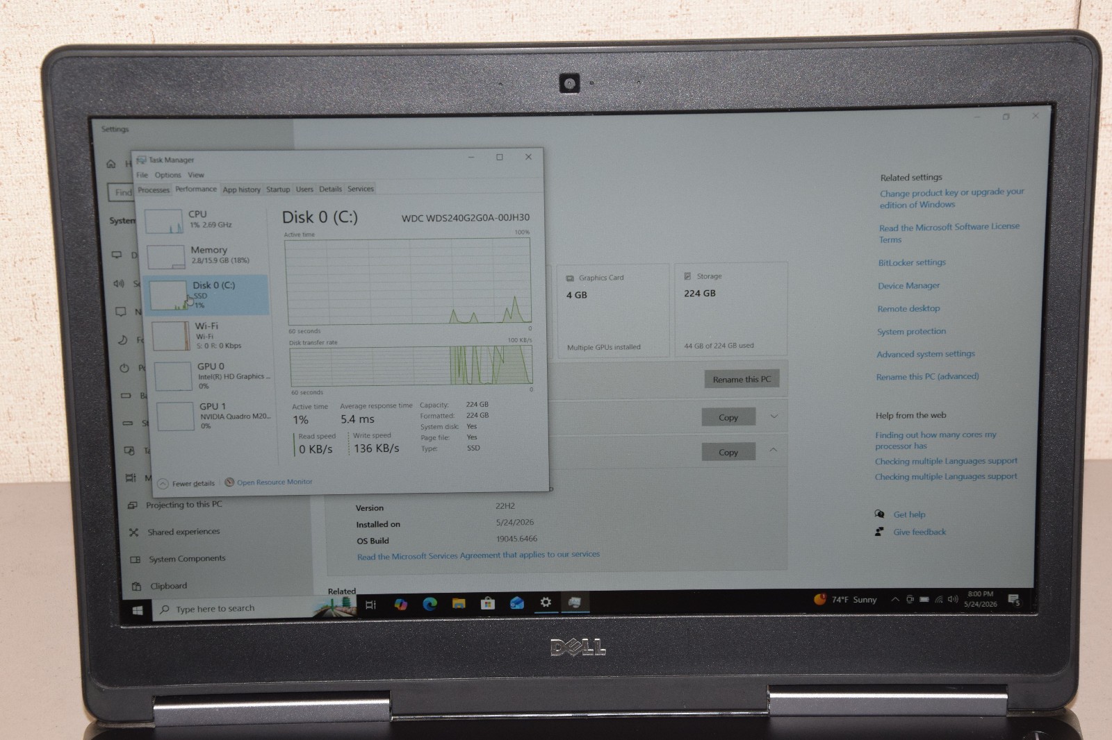 Dell Precision 7510 15.6″ Laptop i7-6820HQ 16GB 240GB NVIDIA Quadro M2000M 4GB