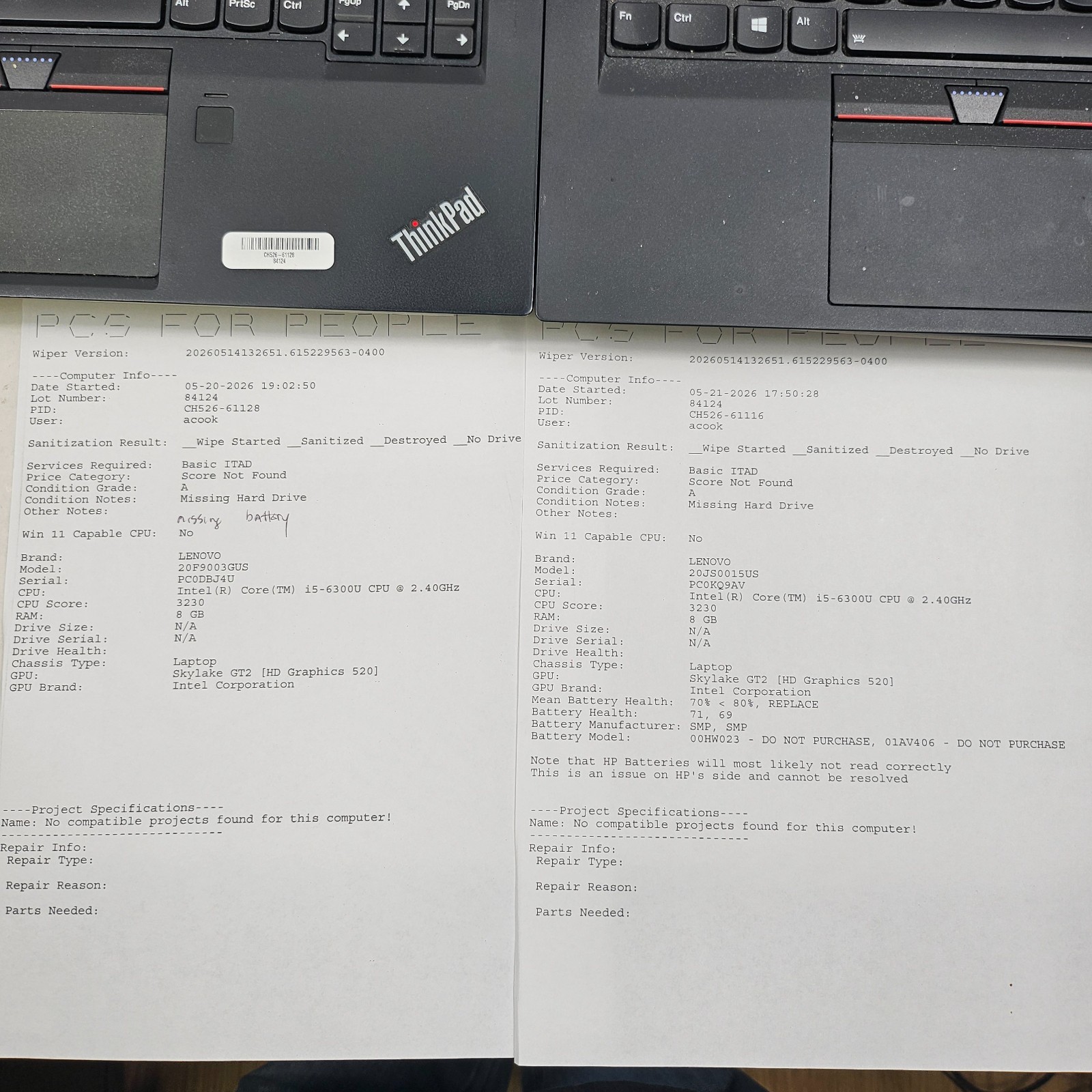 Lot of 8 Mixed Model Lenovo ThinkPad i5-5th-8th Gen 8/16GB RAM Mixed Specs *Read