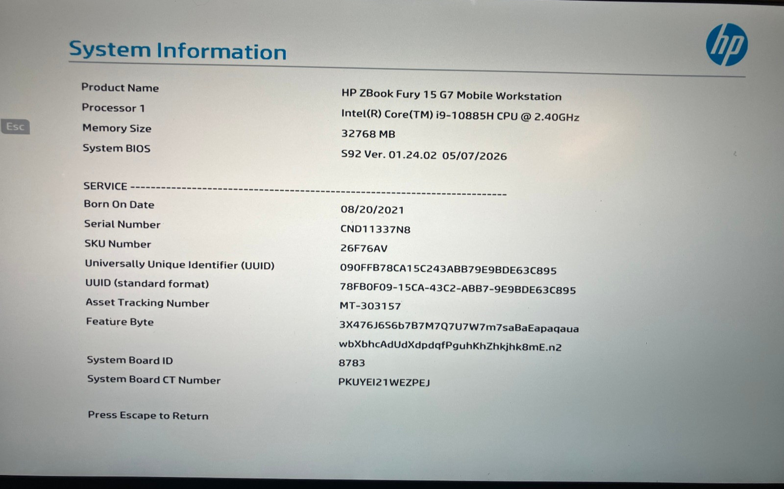 HP ZBook Fury 15 G7 NVIDIA Quadro RTX 4000 2.4GHz Intel Core i9-10885H 32GB 1TB