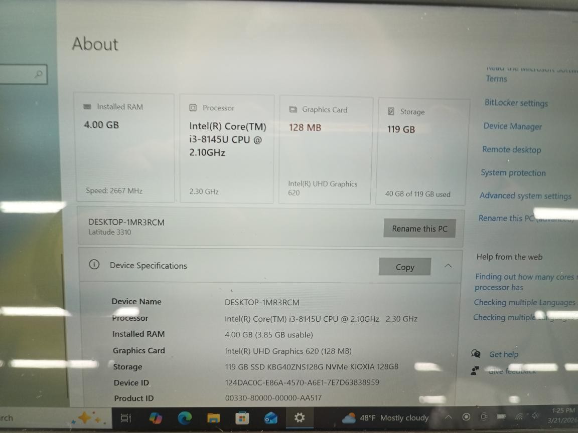 PRE OWNED DELL COMPUTER LATITUDE 3310 -WINDOWS 10-119GB-4GB RAM- (P23016078)