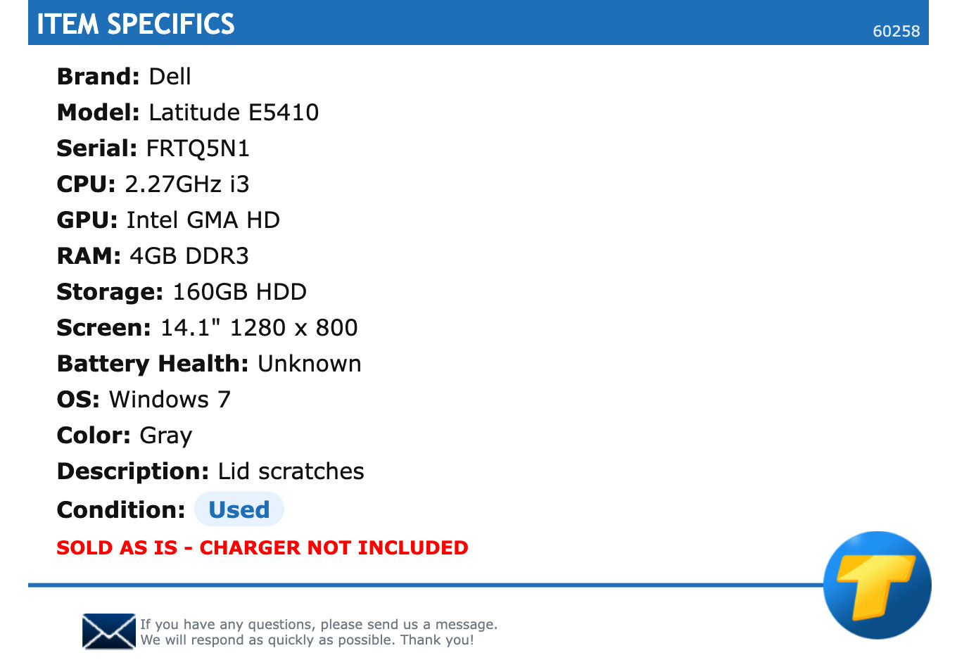 Dell Latitude E5410 – 14.1″ HD, 2.27GHz i3, 4GB RAM, 160GB HDD, Windows 7