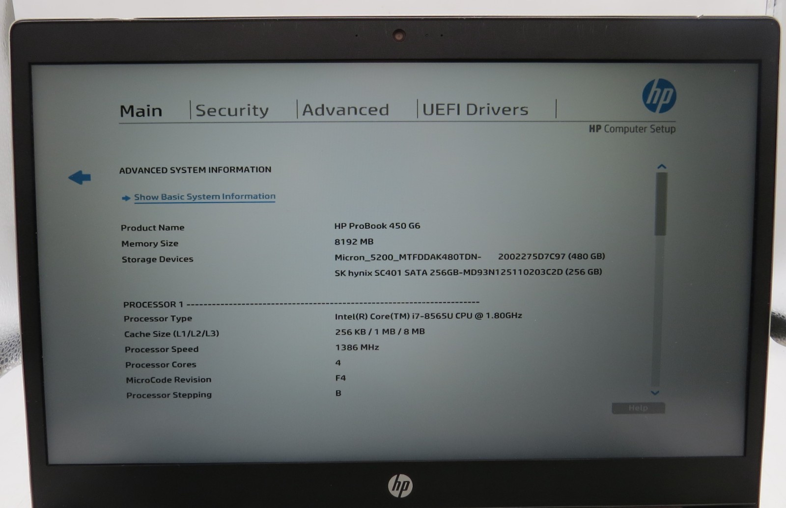 HP ProBook 450 G6 i7-8565U @ 1.8 GHz 8GB RAM 480GB & 256GB SSD MX130 No OS