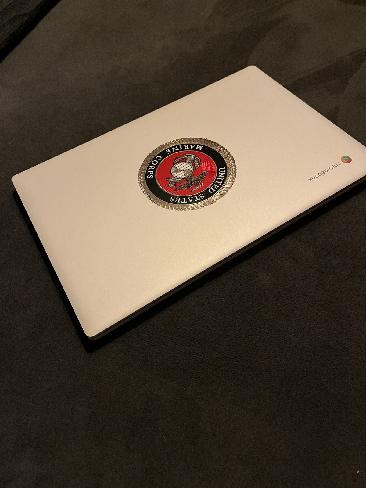 HP Chromebook Silver Chrome OS Laptop with United States Marine Corps Sticker