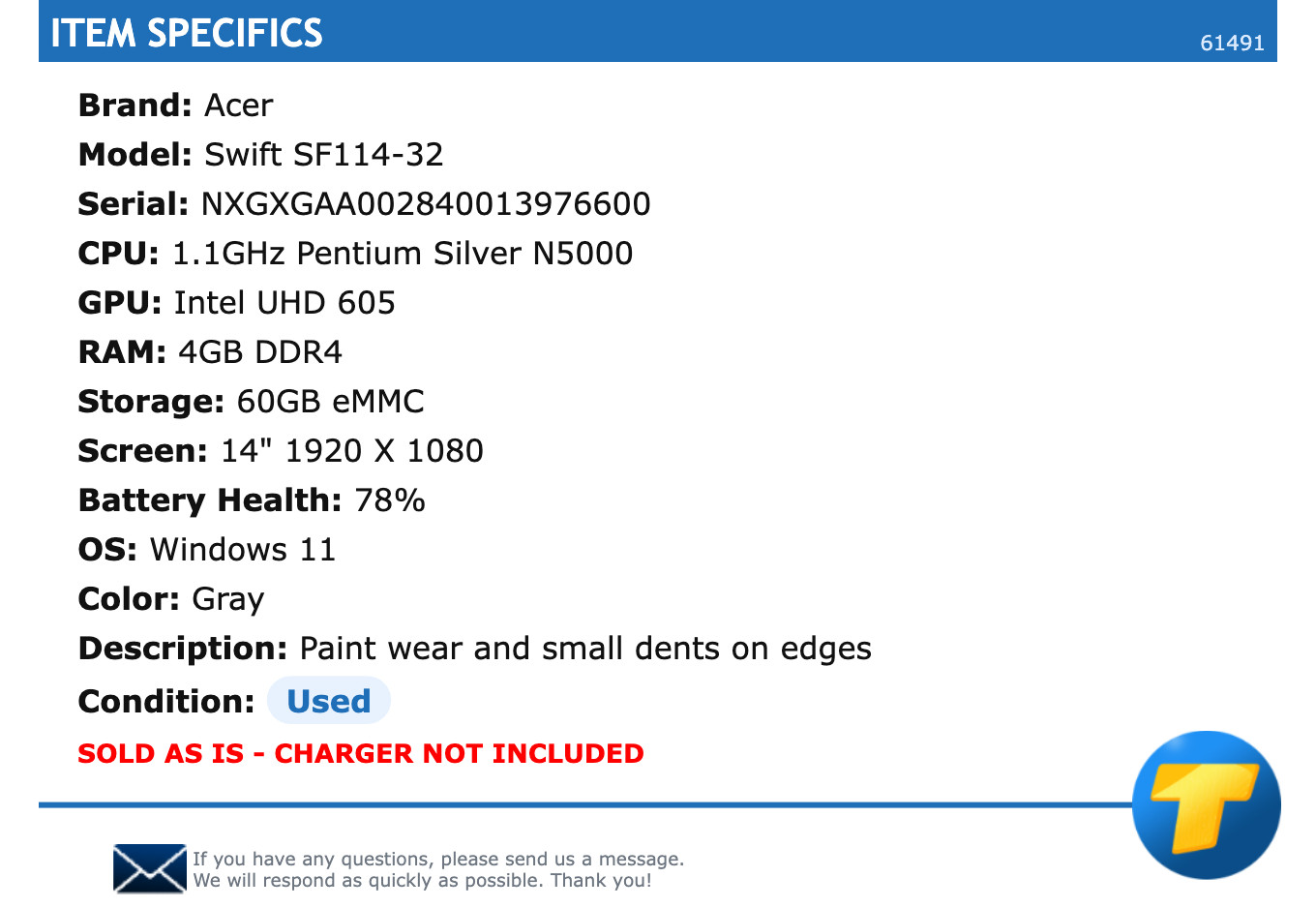 Acer Swift SF114-32 – 14″ FHD, 1.1GHz Pentium, 4GB RAM, 60GB eMMC, Windows 11