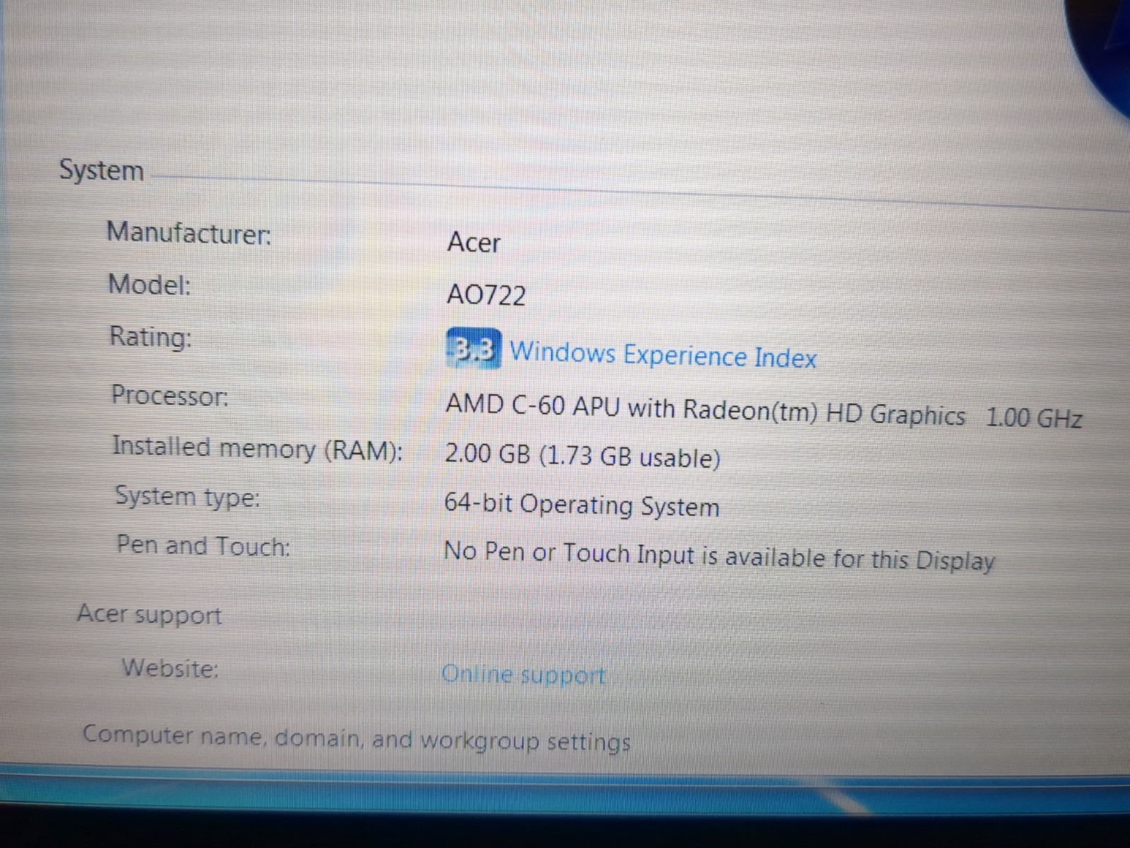 Vintage Acer One 722 11.6″ Windows 7 Netbook Laptop AMD CPU 2GB 320GB HHD