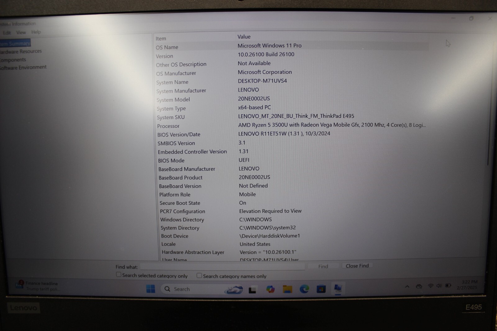 Lenovo Thinkpad E495 AMD Ryzen 5 3500U 256SSD NvME 16GB Win11Pro
