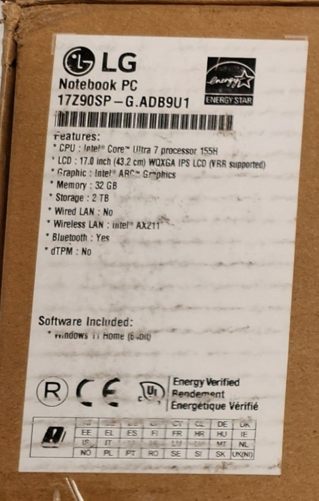 LG Gram Pro 17″ WQXGA Intel Ultra 7 32GB RAM 2TB SSD Win 11 Home, Black