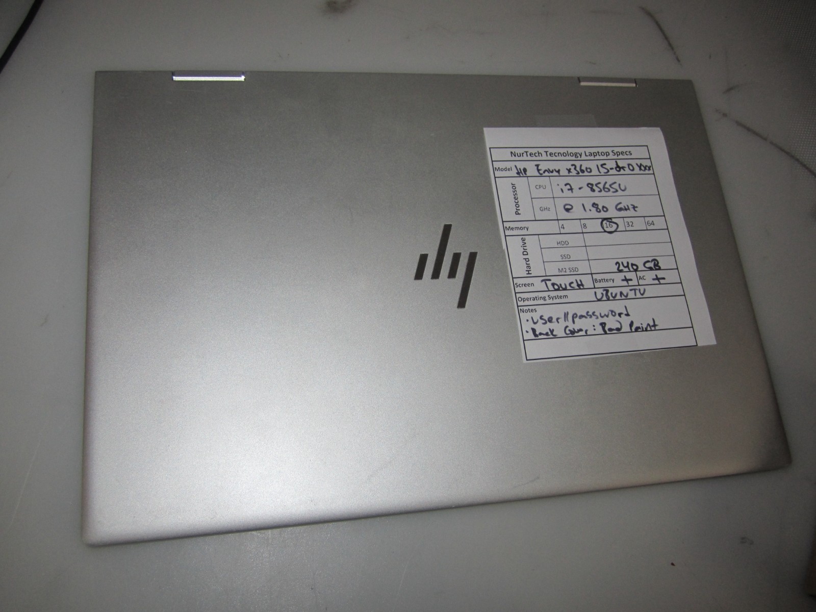 HP Envy x360 15m-dr0xxx Touch i7-8565U 16GB 240GB M2SSD UBUNTU LAPTOP + AC