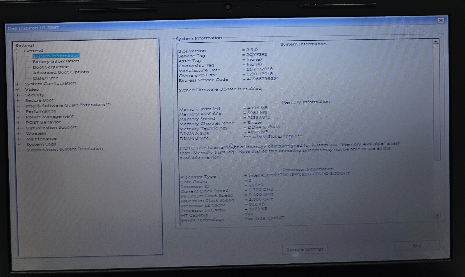 Dell Inspiron 15-3567 Laptop Intel Core i3-7020U 4GB RAM 1TB HDD NO OS (FL)