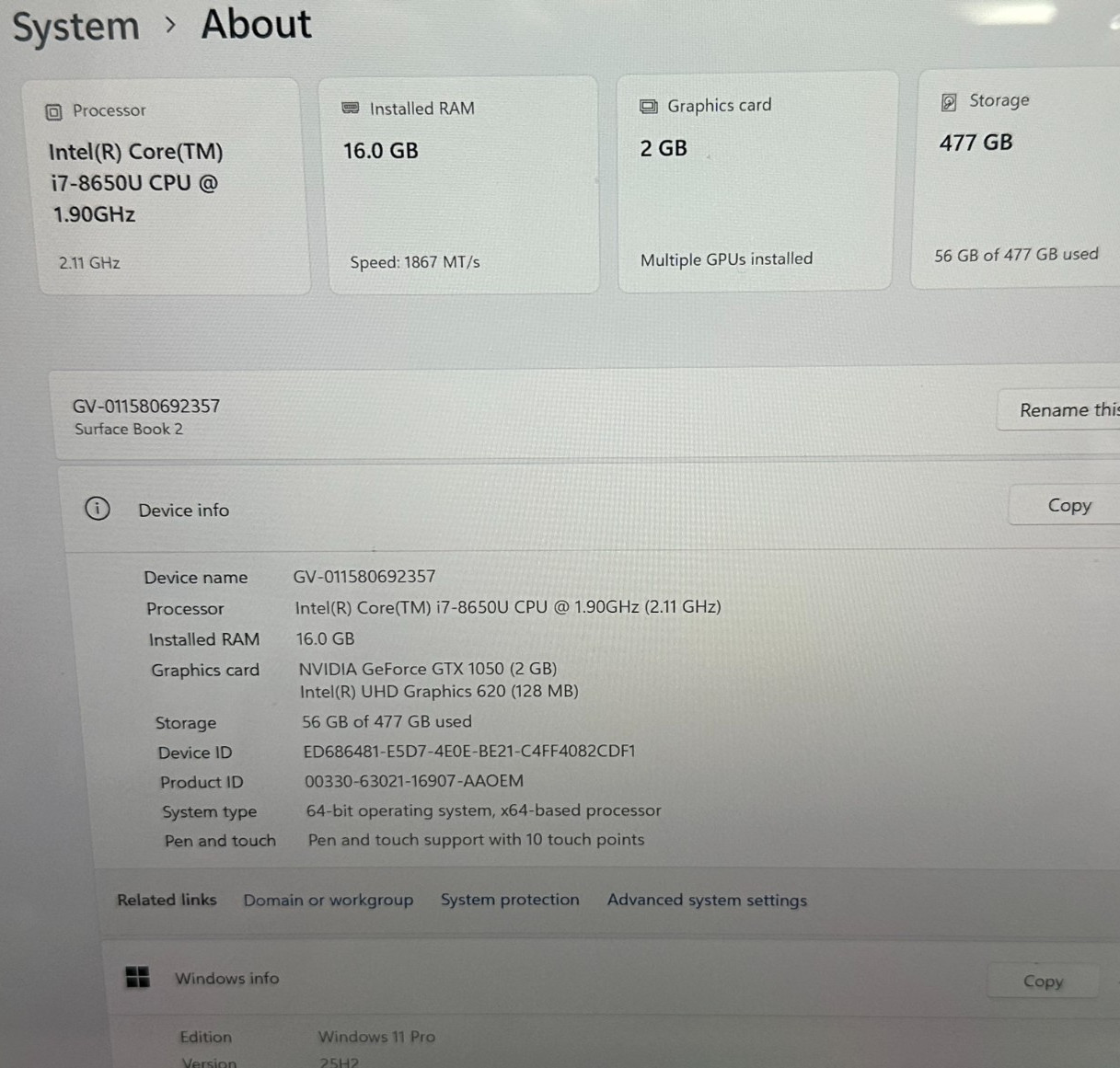 MICROSOFT SURFACE BOOK 2 LAPTOP CORE i7-8650u @ 1.90GHZ 16GB RAM 512GB SSD