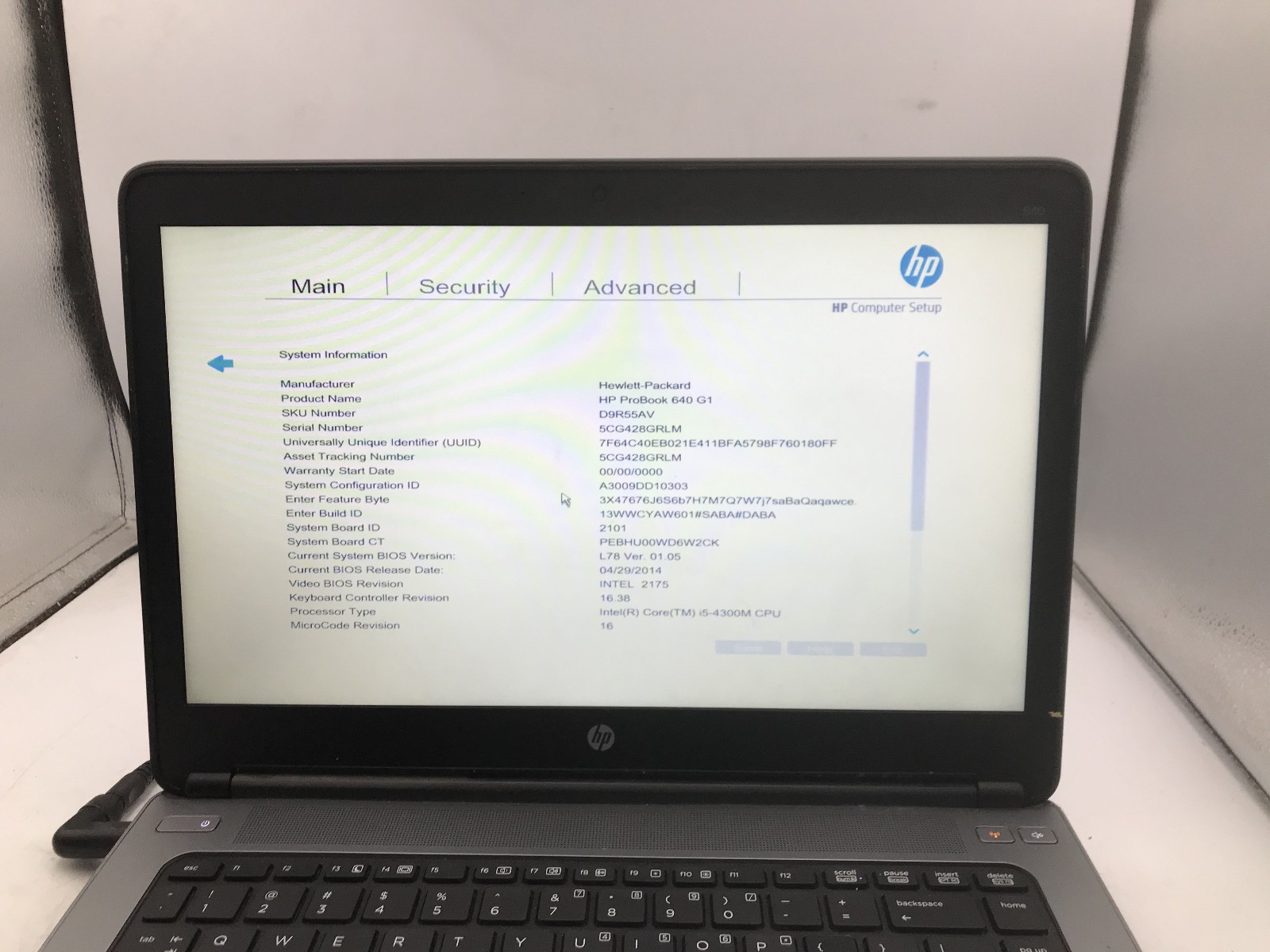 HP PROBOOK 640 G1 – BOOTS TO BIOS – INTEL I5 4300U – NO RAM – READ DESCRIP – BB