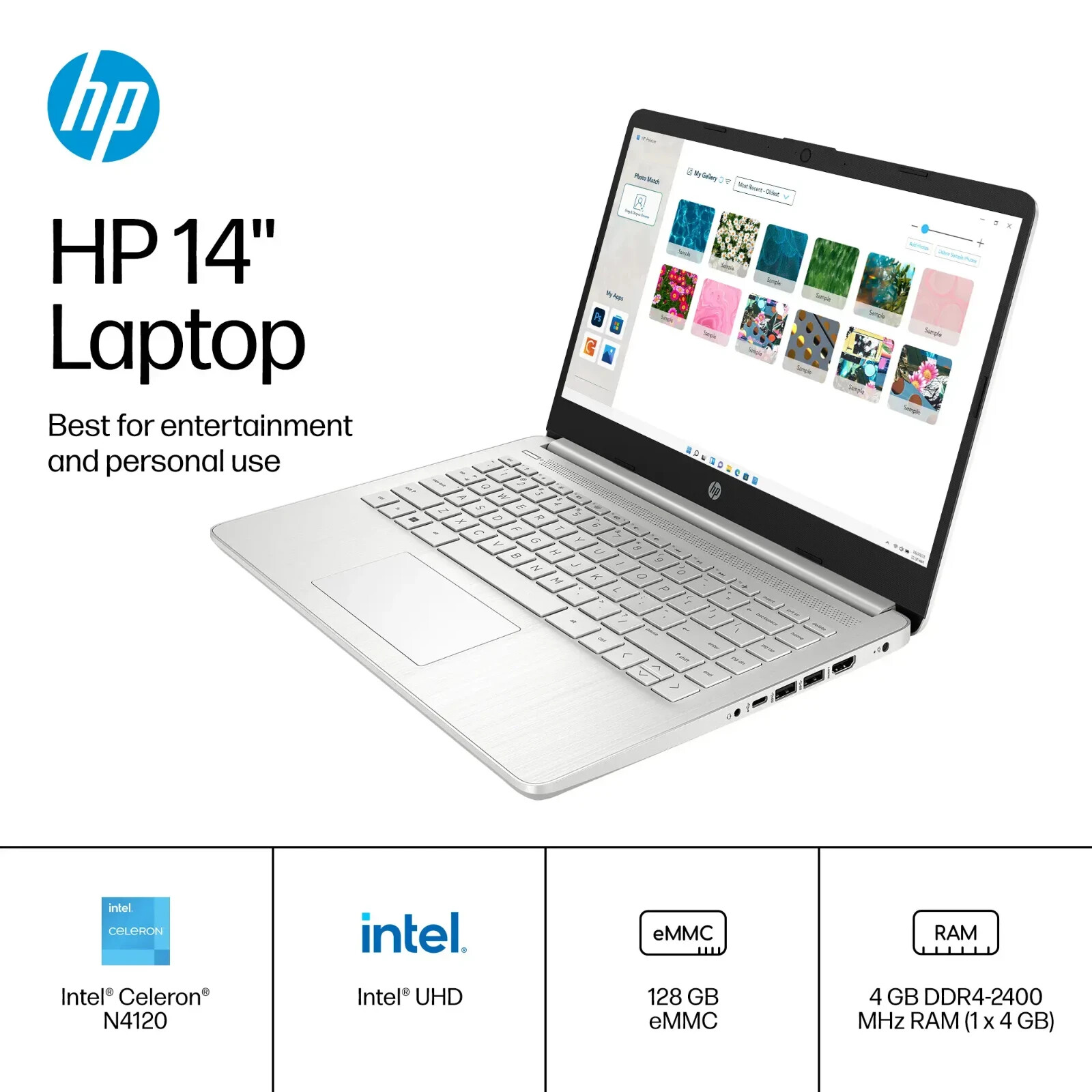 HP 14″ HD Display Laptop, Intel Celeron N4120, 1.1GHz, 4GB Memory, 128GB eMMC