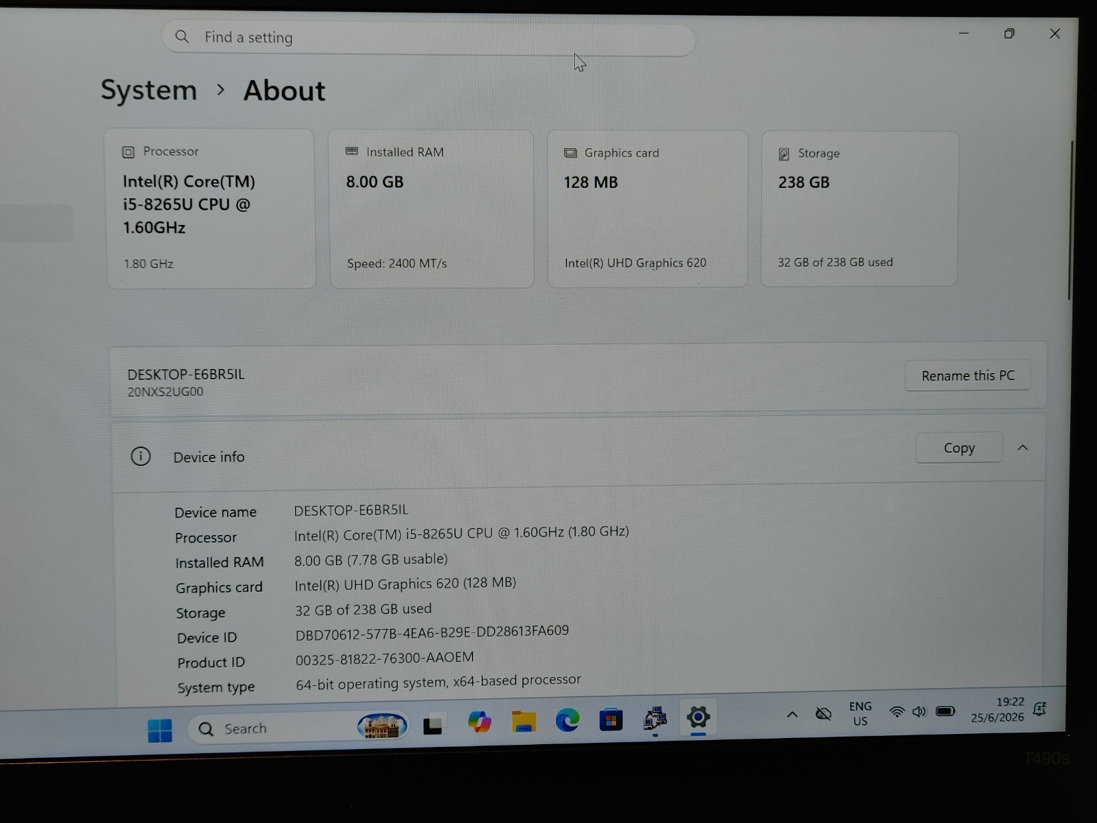 Lenovo T490S THINKPAD 14IN E6BR5IL i5-8365U 1.6 8GB RAM 256GB SSD