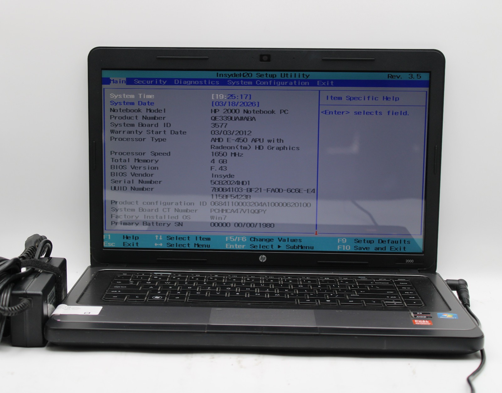 HP 2000-369WM _ AMD E-450 @ 1.65 GHz _ 4GB RAM _ No SSD / OS