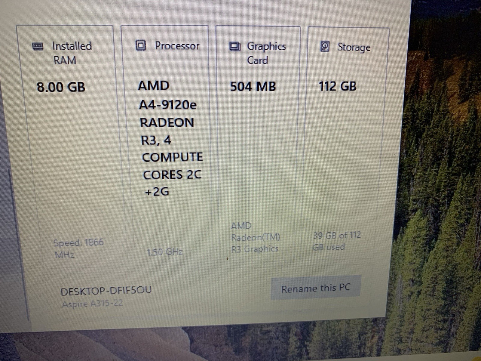Acer Aspire A315-22 15.6″ Laptop AMD A4-9120e 8GB DDR4 112GB SSD WIN 10H