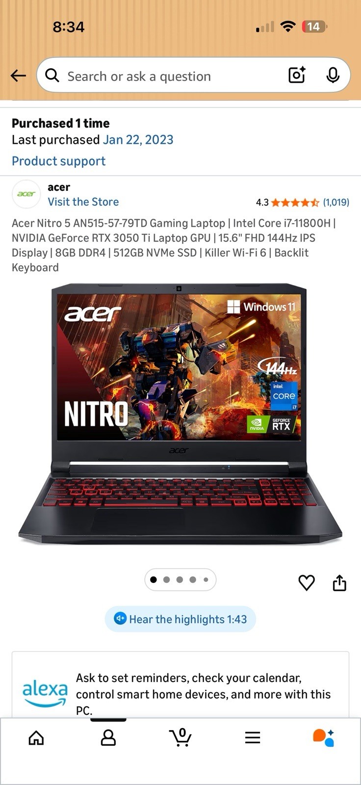 Acer Nitro 5 AN515-57-79TD Gaming Laptop i7 RTX 3050 Ti 15.6″ FHD 8GB 512GB SSD…