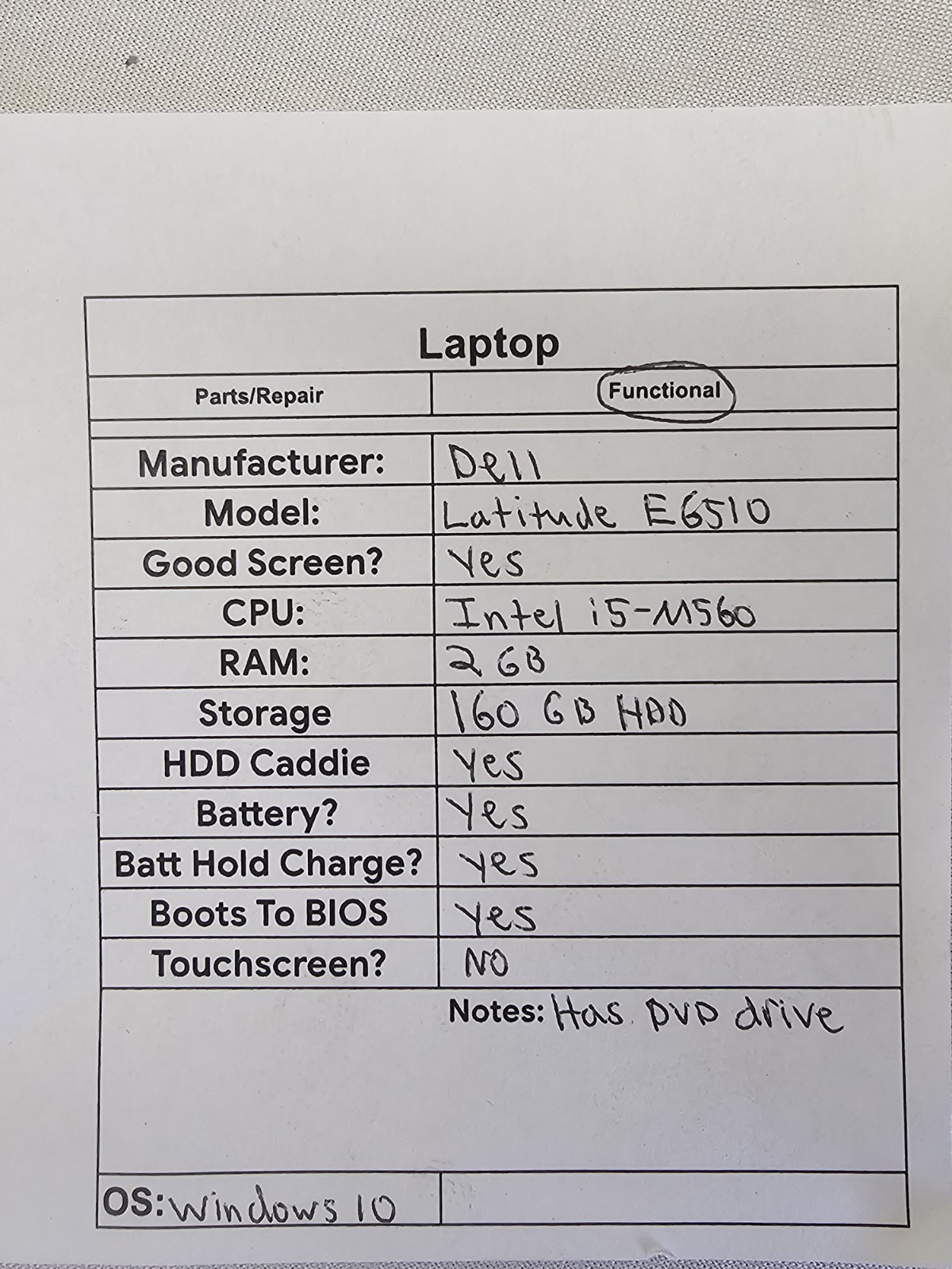 Dell Latitude E6510 Laptop – Intel i5-M560 – 2GB RAM – 160GB HDD – Windows 10