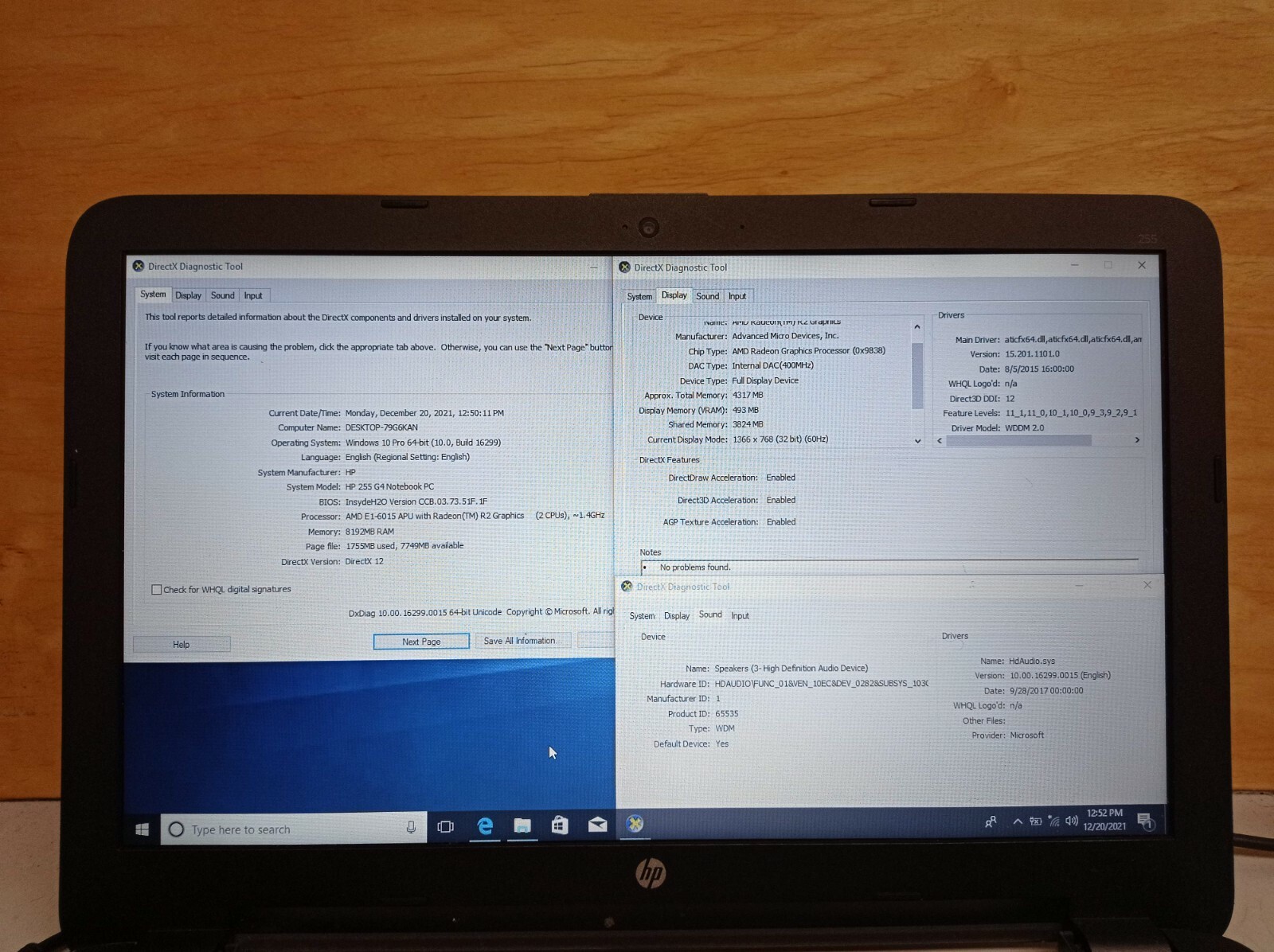 HP 255 G4 AMD E1-6015 APU 1.4 GHz 8 GB RAM 128 GB SSD 15.6″ Win10 *Read