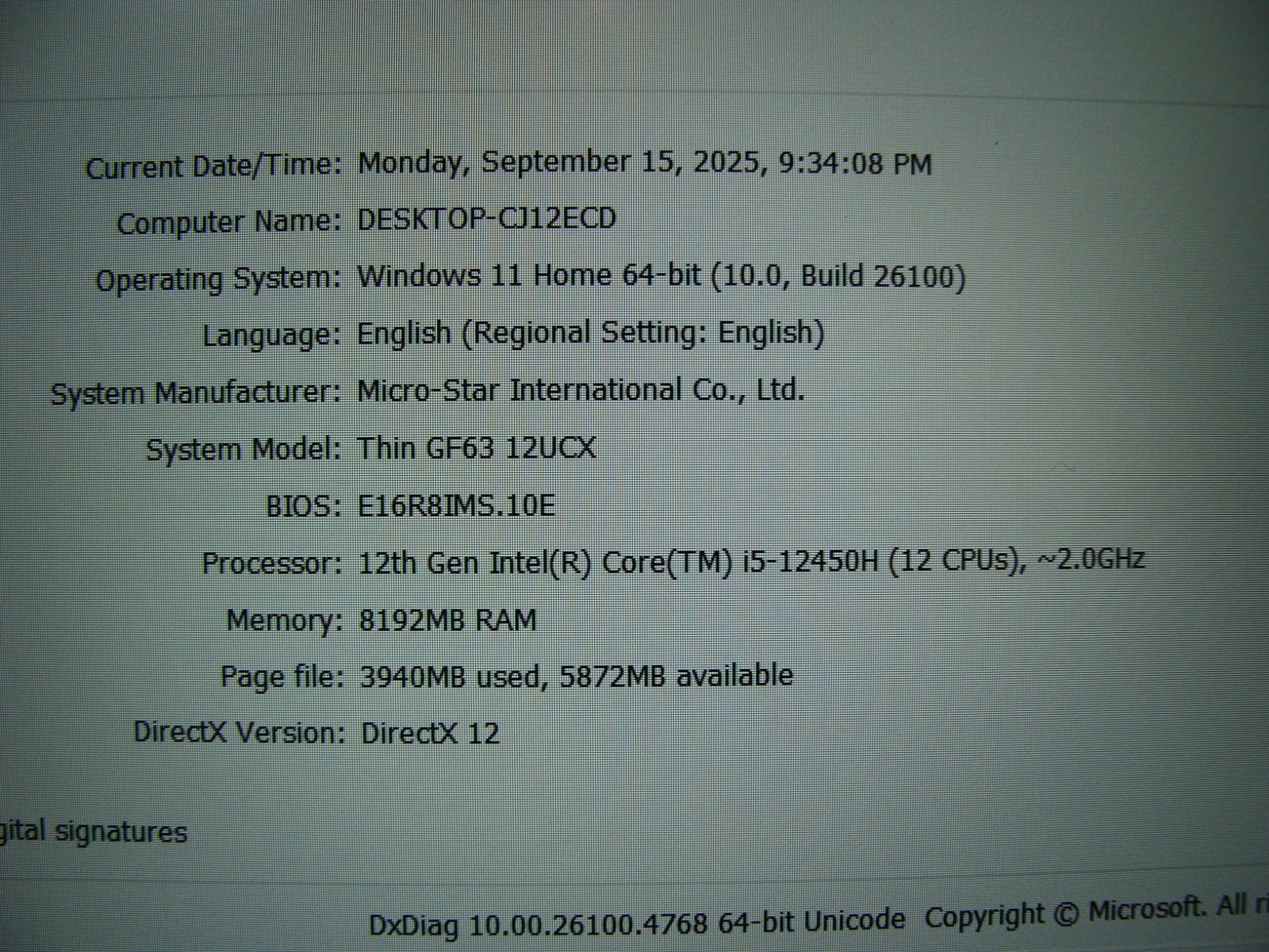MSI Thin GF63 15.6” FHD 144hz i5-12450H 2.0GHz 8GB 1TB SSD RTX 2050 Battery 99%