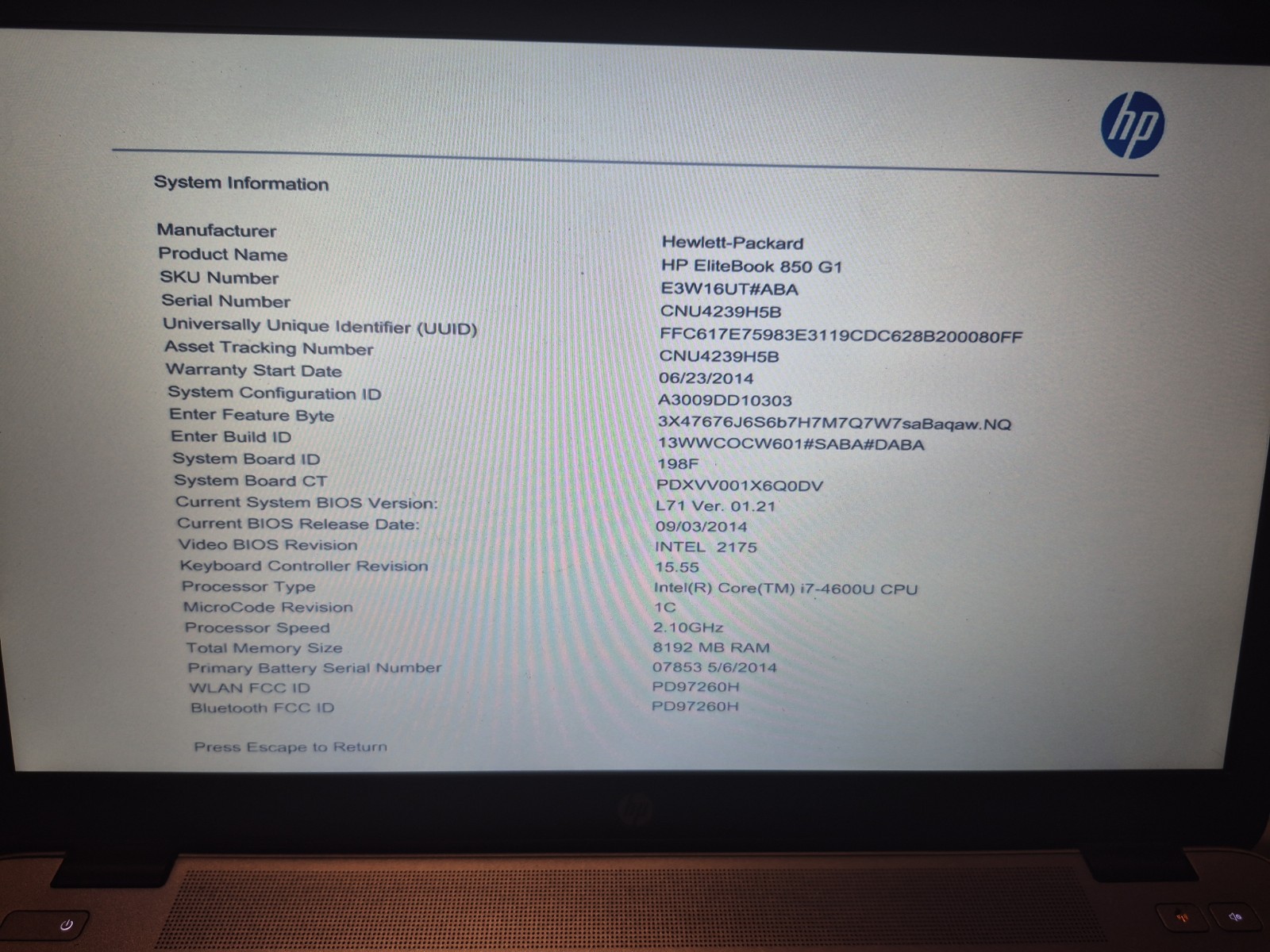 HP EliteBook 850 G1 15″ Core i7-4600U 2.1GHz 8GB RAM NO DRIVE BIOS LOCKED PARTS