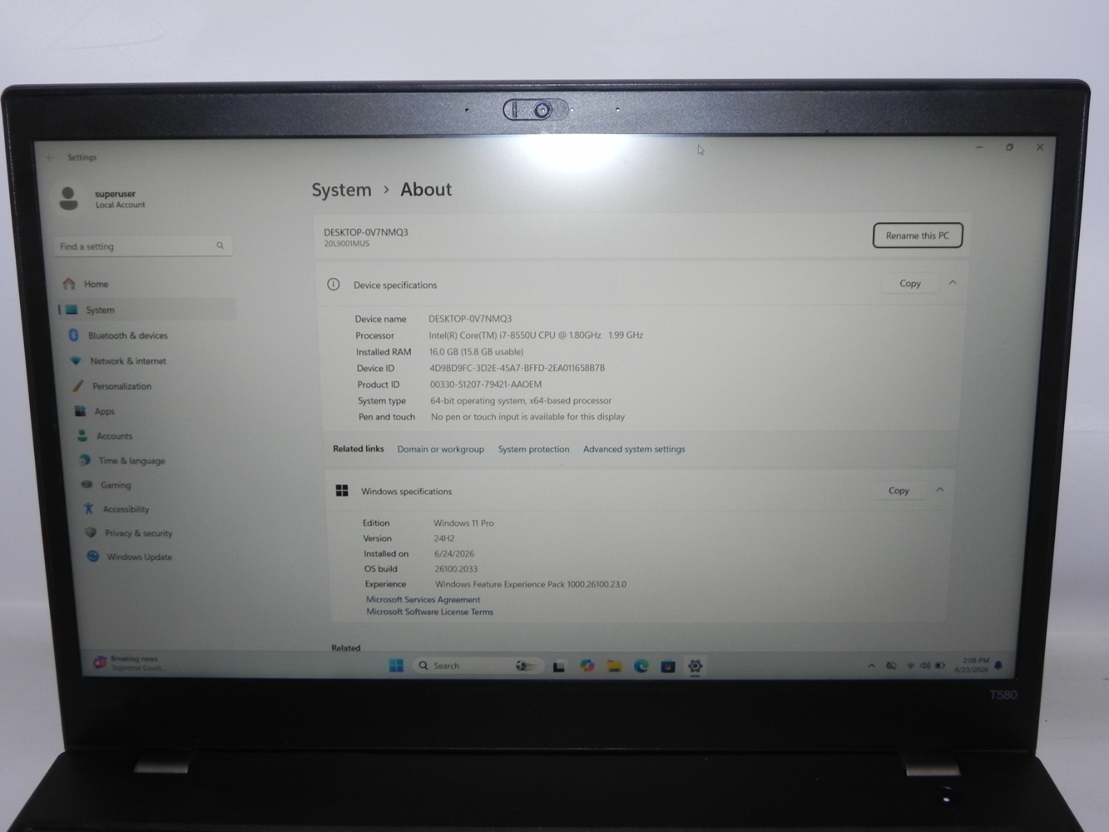 Lenovo ThinkPad T580 15.6″ Windows 11 Intel i7-8550u 1.9GHz 16GB RAM 256SSD