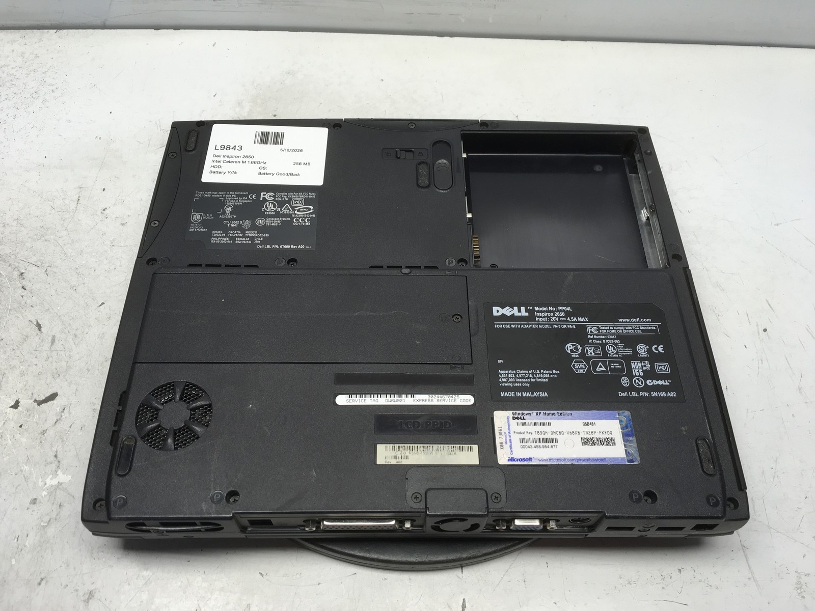 Dell Inspiron 2650 Intel Celeron M 1.66GHz 256 MB NO HDD No Batt
