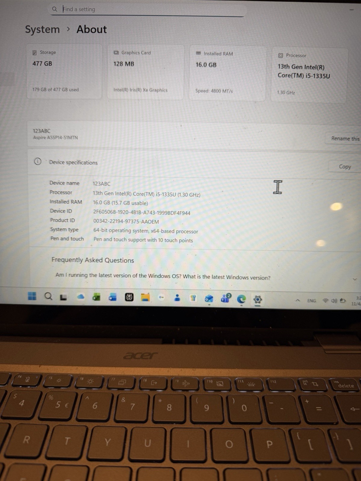 Acer Aspire5 Laptop i5 16mb RAM 512GB