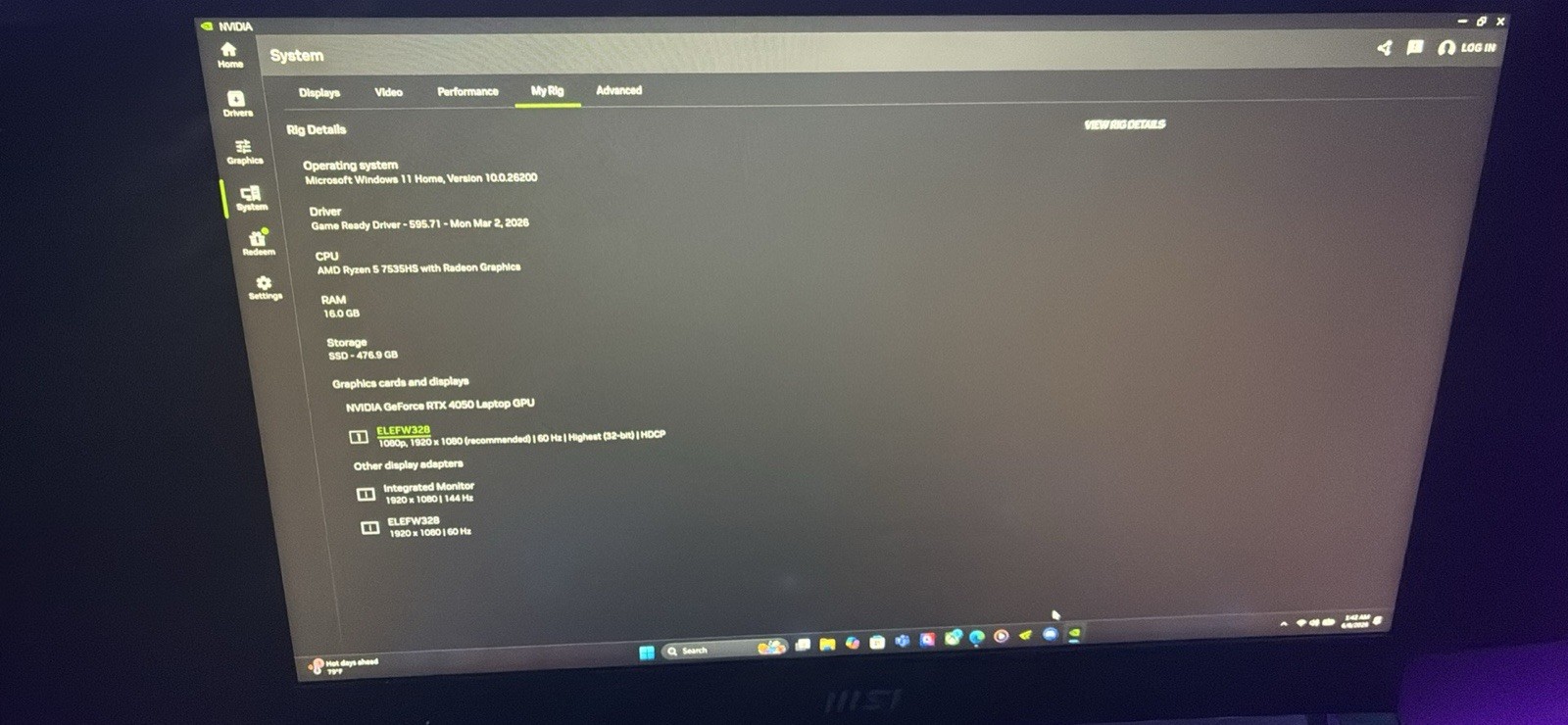 MSI Bravo 15 15.6″ Gaming Laptop Ryzen 5 7535HS 16GB RTX 4050 477GB SSD