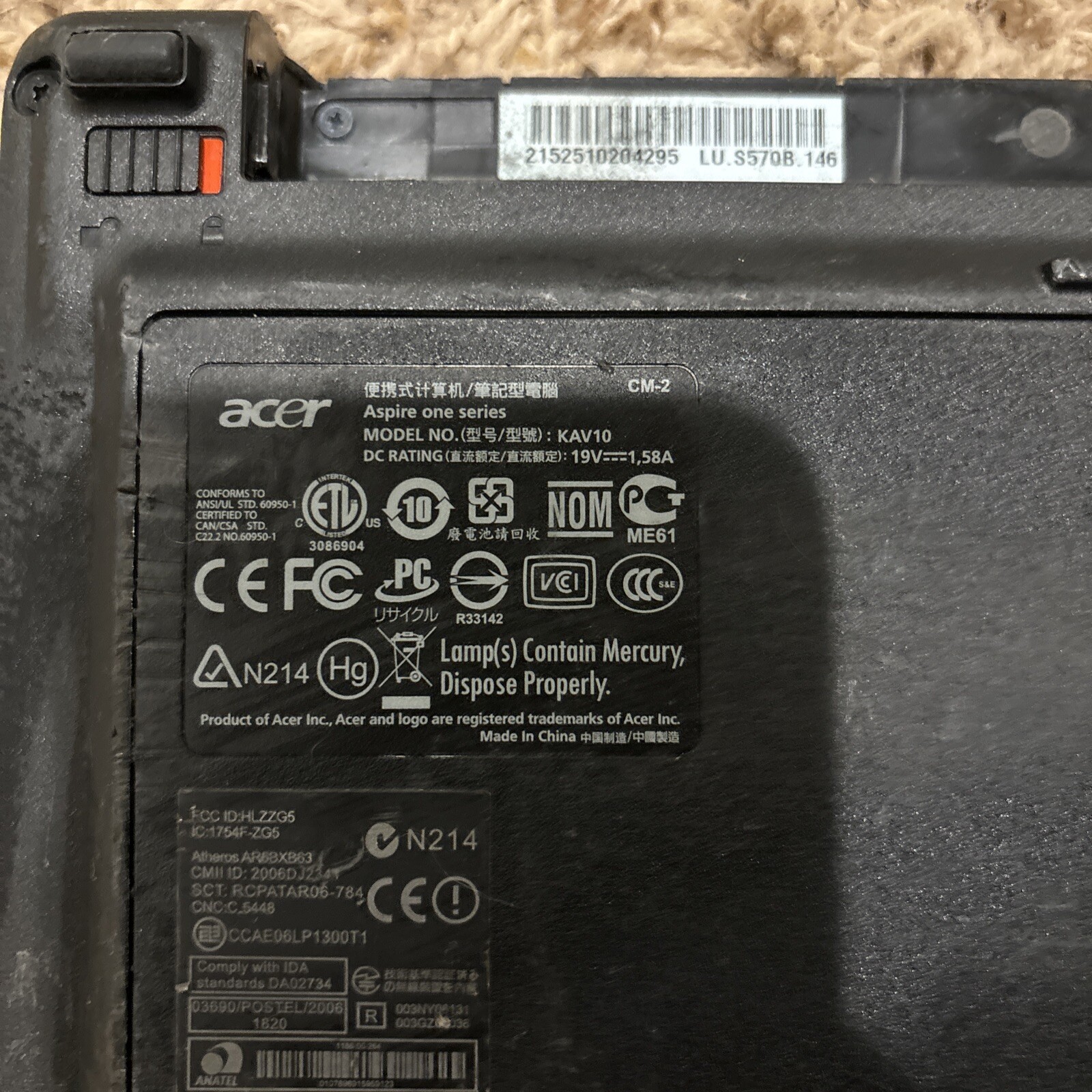 Acer KAV10 Aspire One Series Laptop Windows XP 10″ Screen FOR PARTS