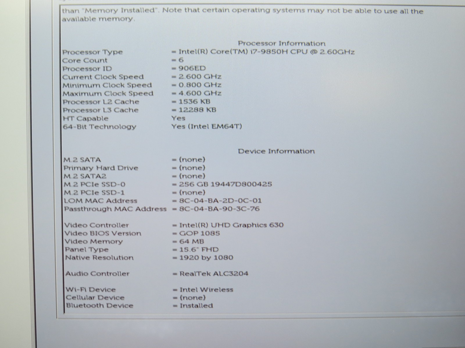 Dell Latitude 5501 i7-9850H @ 2.6GHz 16GB DDR4 256 GB m2 No OS