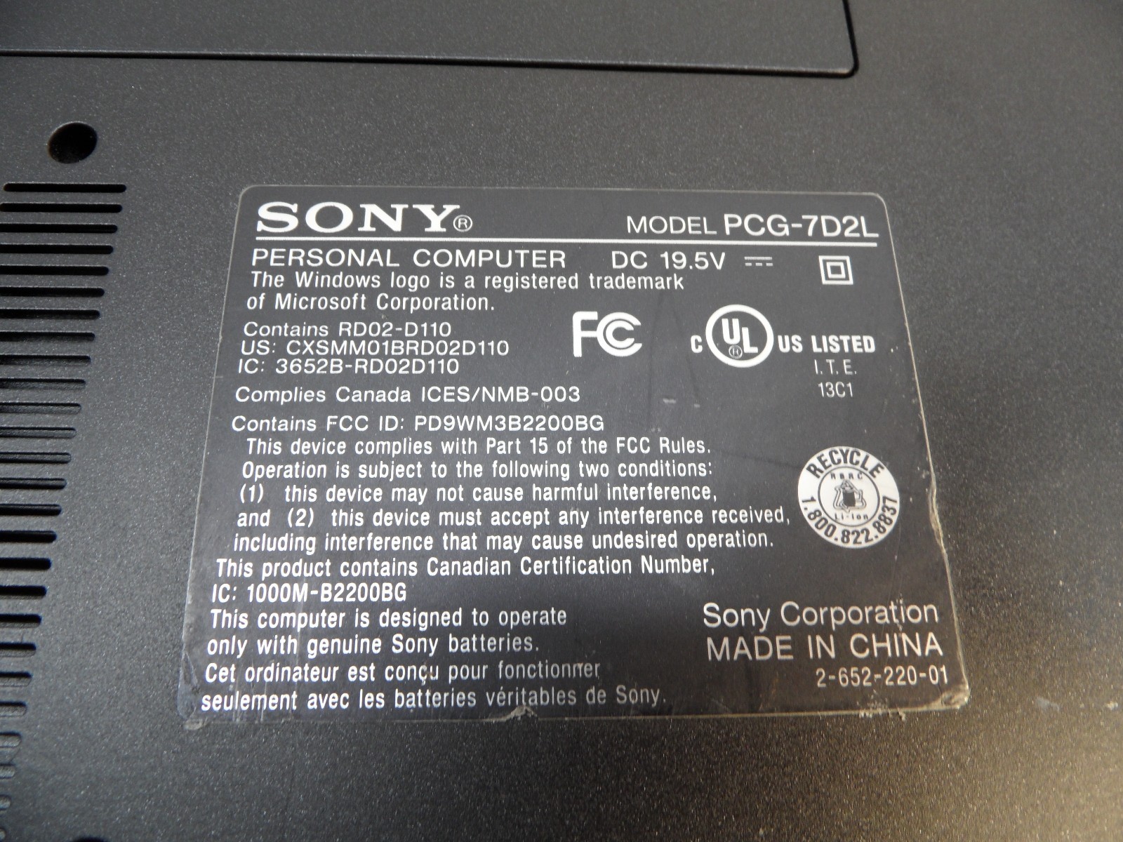 Sony Vaio PCG-7D2L VGN-FS760/W Parts Laptop 1.86 Ghz 2Gb No HD Posted To Bios