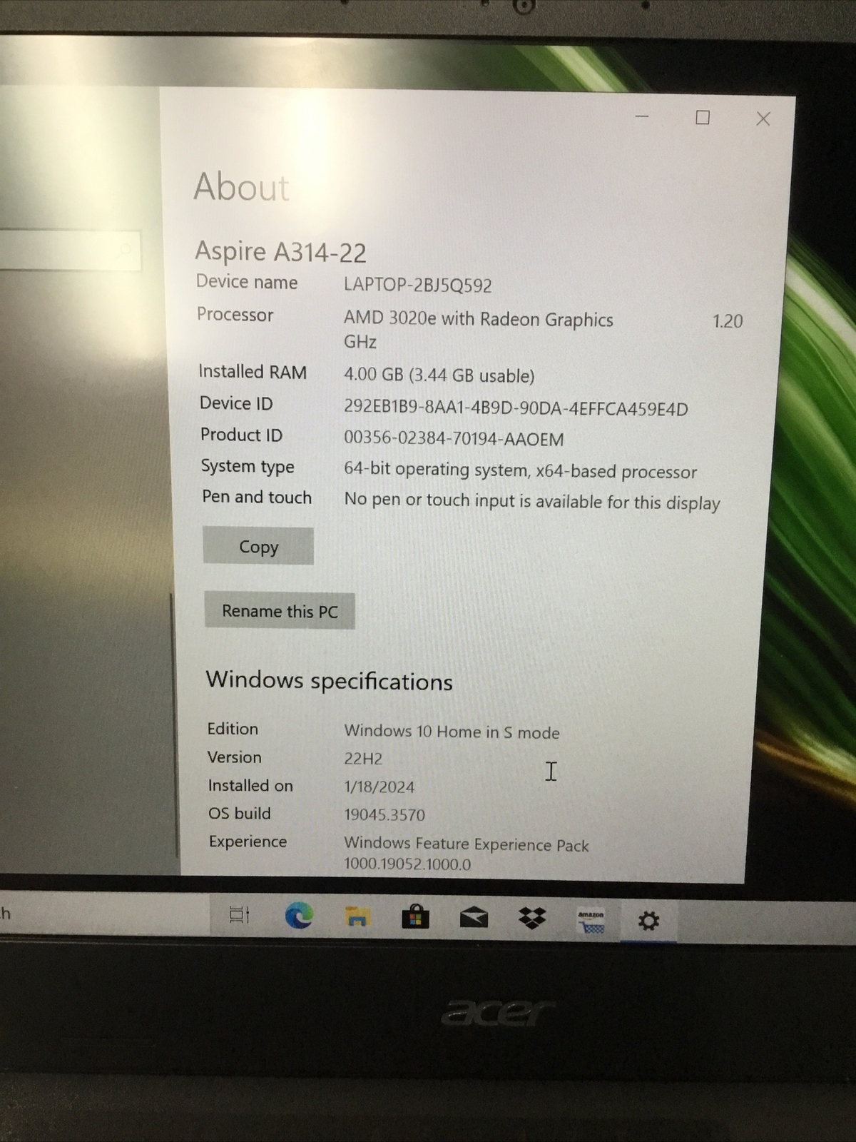 Acer Aspire 3 A314-22 Series | AMD 3020e | 4GB | 128GB SSD | Win 10 S | W Box