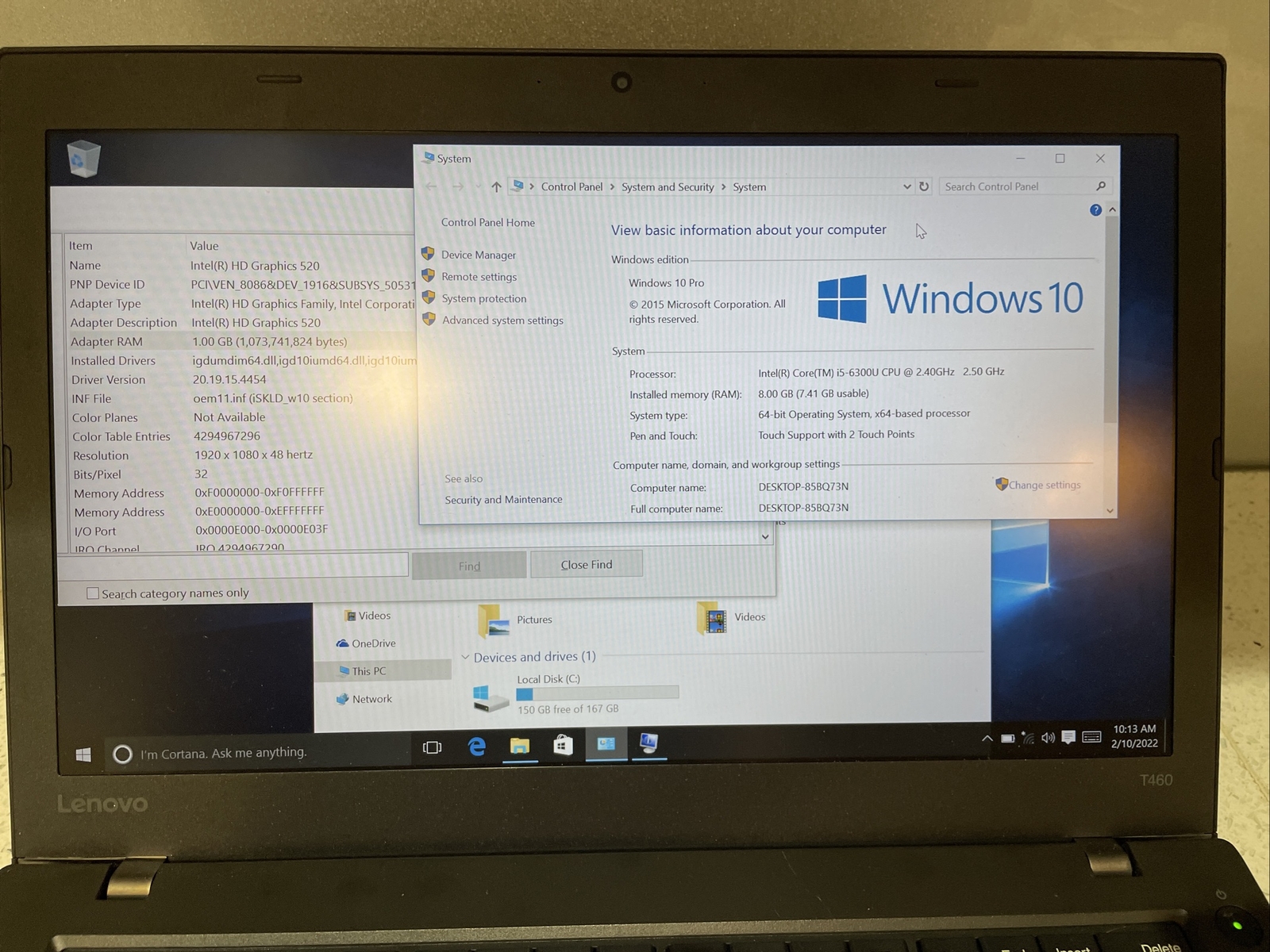 LENOVO THINKPAD T460S, 14”inch i5-6300U, 8GB, 180GB SSD, WIN10 PRO