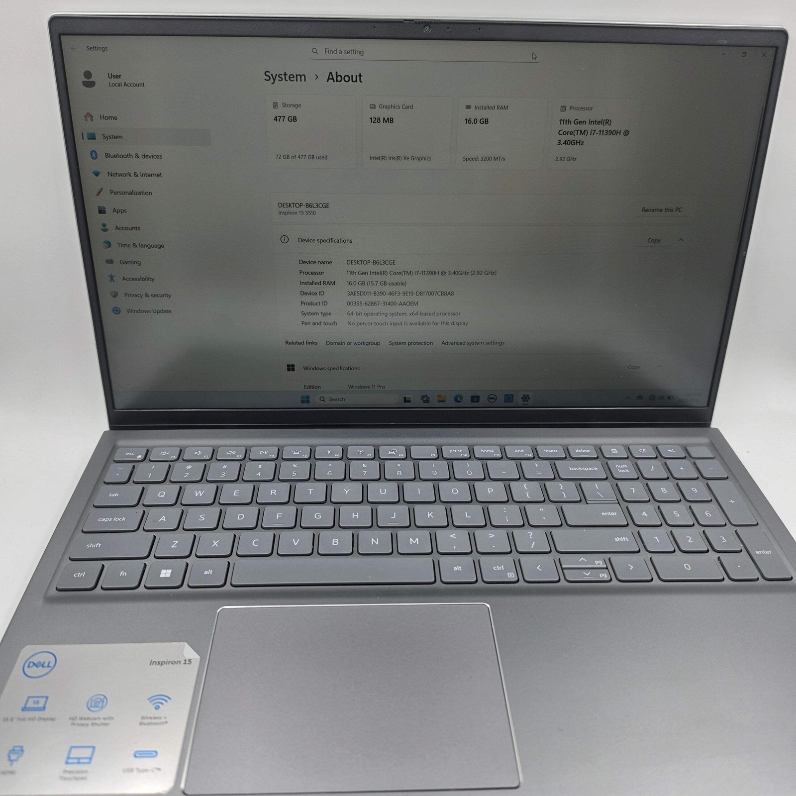 Dell Inspiron 5510 15.6″ Core i7-11390H 2.9GHz 16GB RAM 512GB SSD