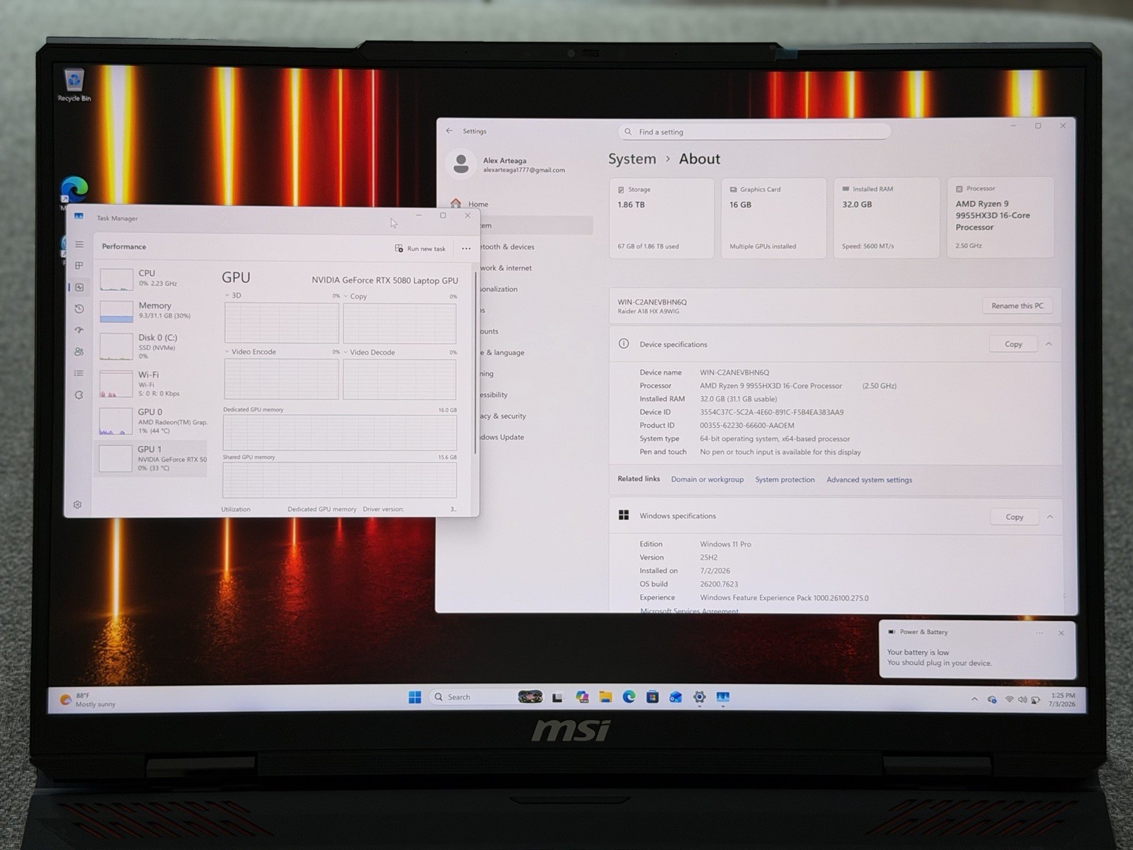 MSI Raider A18 HX 18″ UHD+ AMD Ryzen 9 9955HX3D 32GB DDR5 2TB SSD RTX 5080 W11P