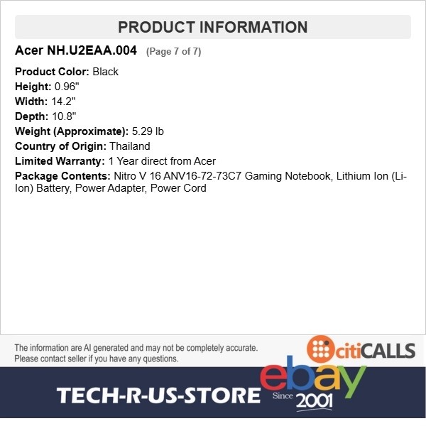Acer NH.U2EAA.004 Nitro V 16 Gaming Laptop 16″ 180Hz Core 7 240H 32GB 512G RTX