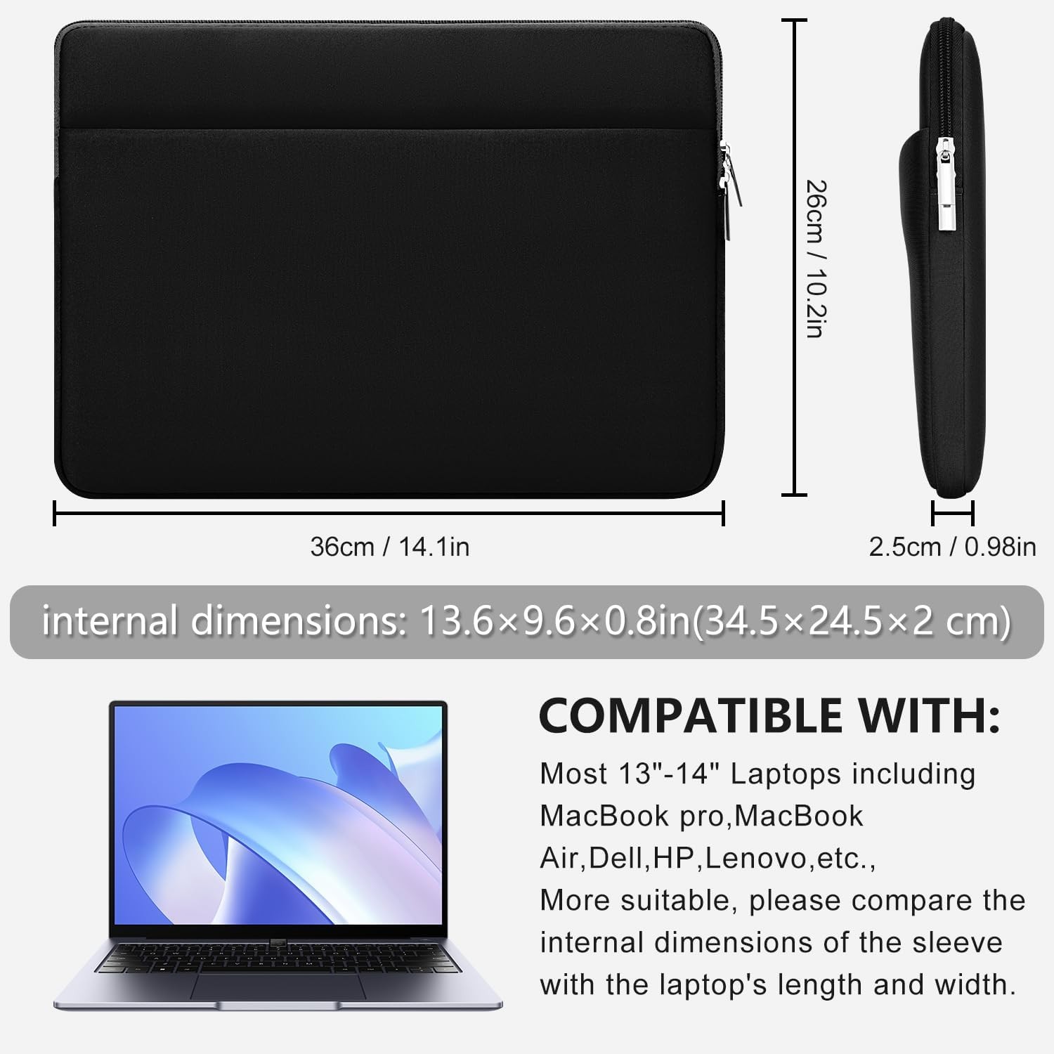 Laptop Sleeve Case for 13 to 14 inches MacBook Air/Pro HP Lenovo Asus Black