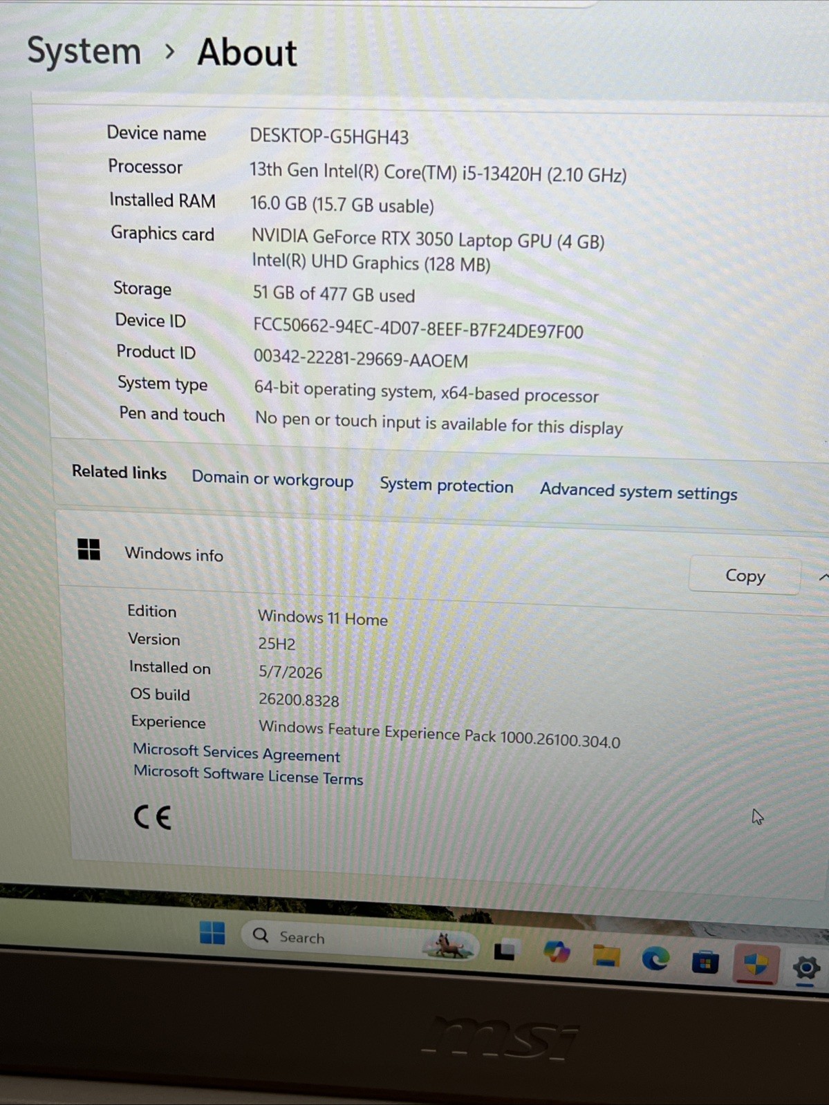MSI Thin 15 B13UC-1000US Core i5-13420H 2.1GHz RTX 3050 16GB RAM 512GB SSD 15.6″