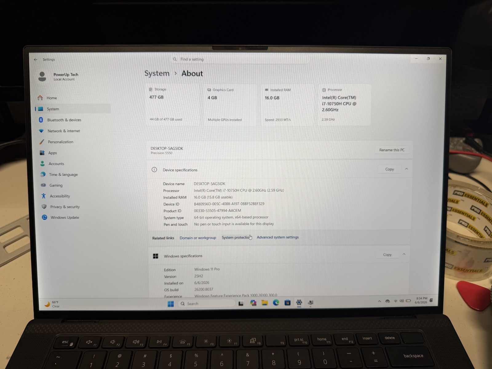 Dell Precision 5550 10th Gen i7, 16GB RAM, 512GB NVME, Nvidia Quadro T1000