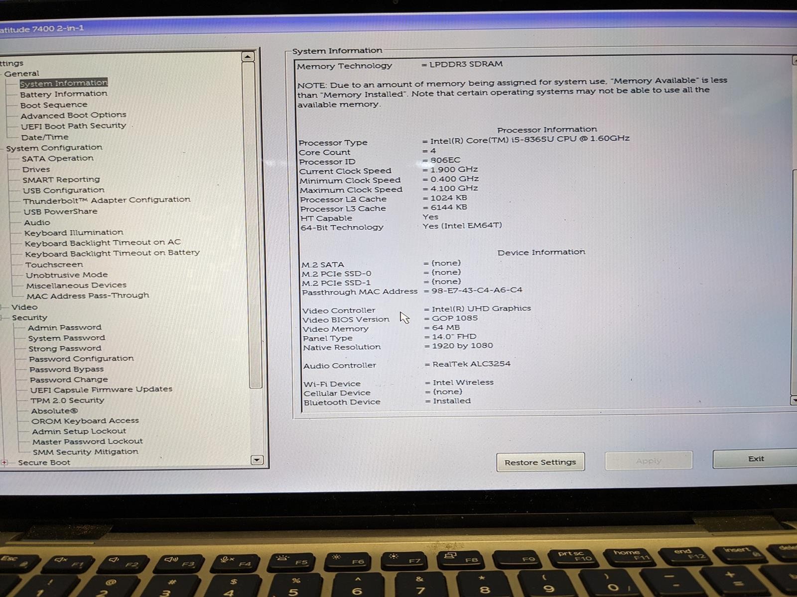 DELL LATITUDE 7400 2-IN-1 i5-8365U @ 1.60GHz, 16GB RAM, NO HDD/OS
